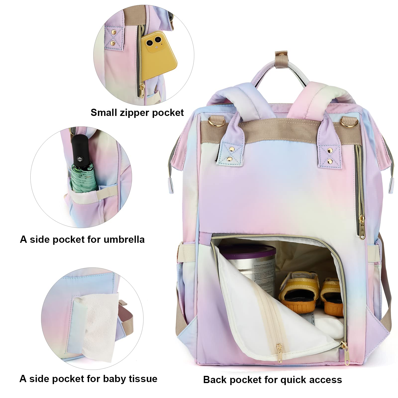 Waterproof Rainbow Diaper Backpack for Baby Girls & Moms - Large Pink Nappy Bag with Multiple Pockets | Perfect for Daycare, Travel & On-the-Go Parenting