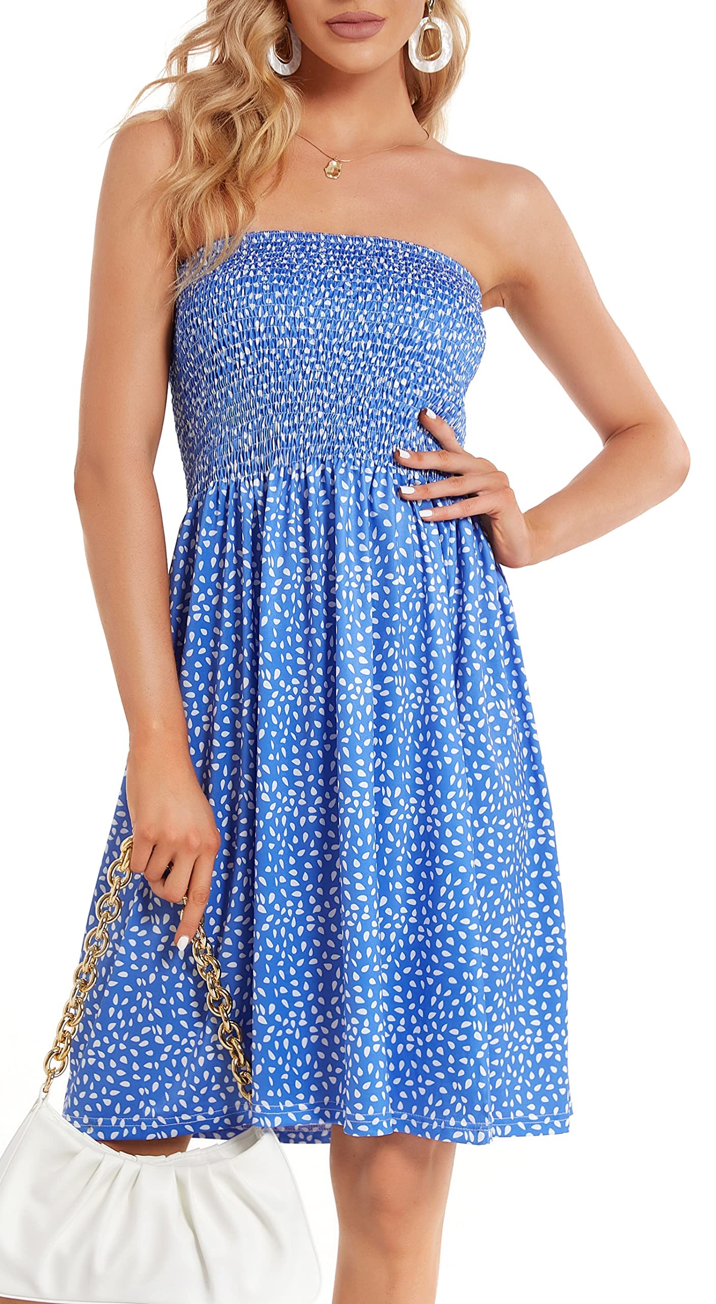 CHICGAL Women's Strapless Flowy Vintage Floral Summer Dress - Casual Boho Sundress for Beach, Vacation & Outdoor Parties