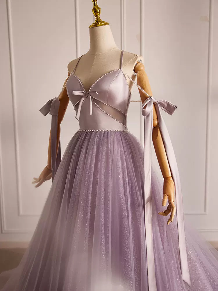 Elegant Purple A-Line V-Neck Tulle Beaded Long Prom Dress for Formal Events & Evening Parties | Perfect for Homecoming, Weddings & Special Occasions
