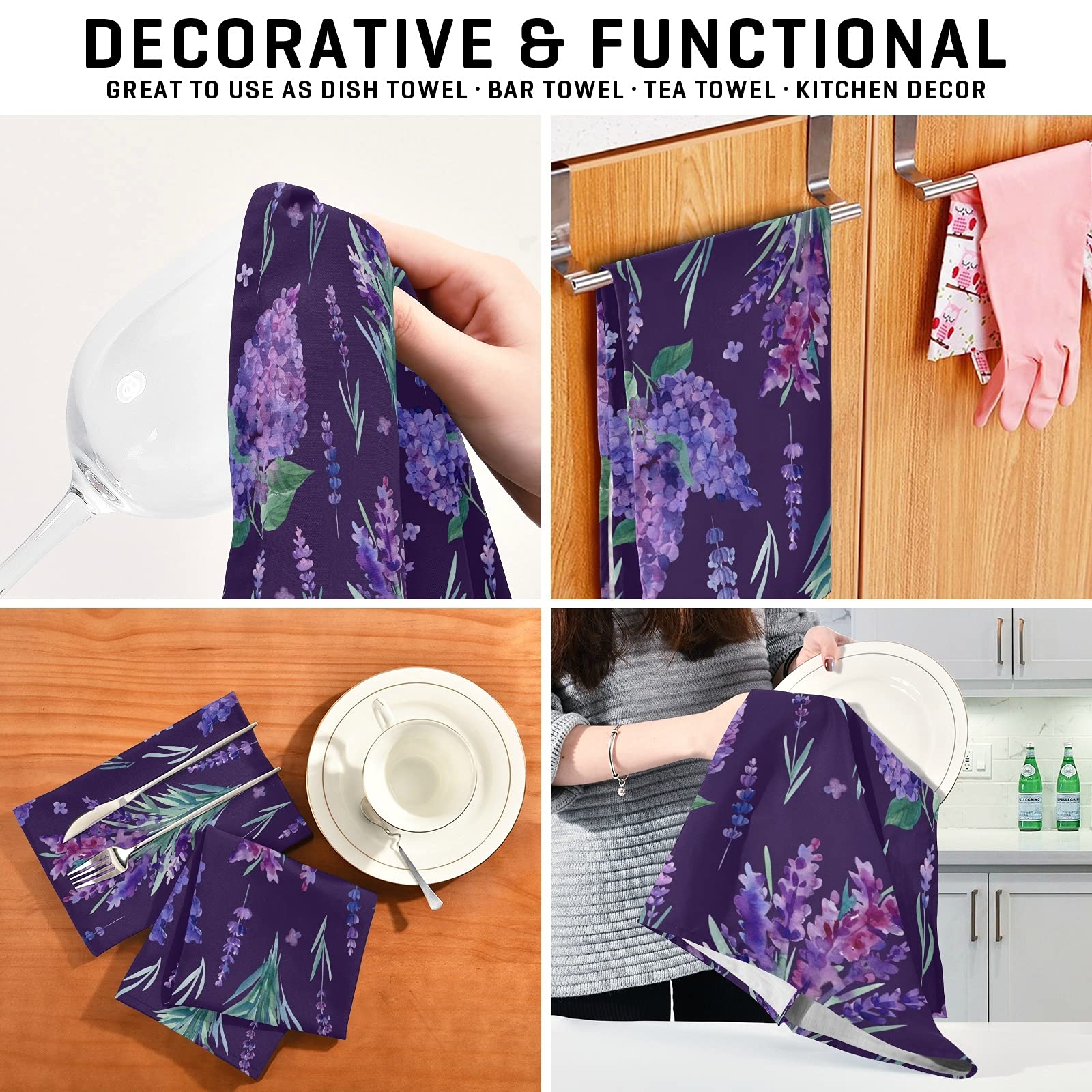ALAZA Lavender Flowers Purple Floral Kitchen Towels Set of 4 | 18x28 Inch Dish Cloths, Tea Towels & Kitchen Rags | Absorbent & Decorative | Perfect for Washing Dishes, Drying Hands & Kitchen Decor