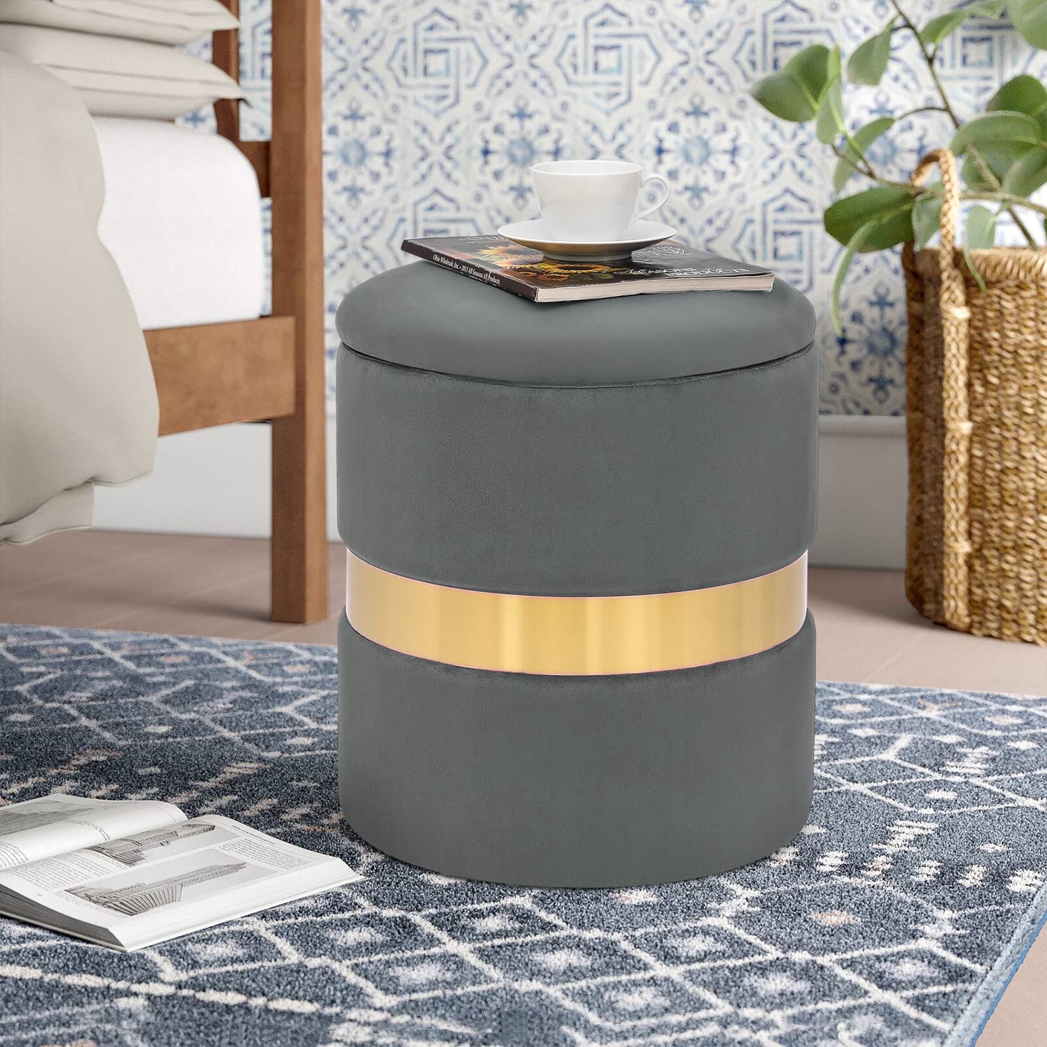 Furnistar Round Velvet Storage Footstool Ottoman (Set of 2) - Gray - Multi-Functional Living Room Footrest & Bedroom Makeup Vanity Stool with Hidden Storage Compartment - Perfect for Home Decor, Lounge Seating & Beauty Station Organization
