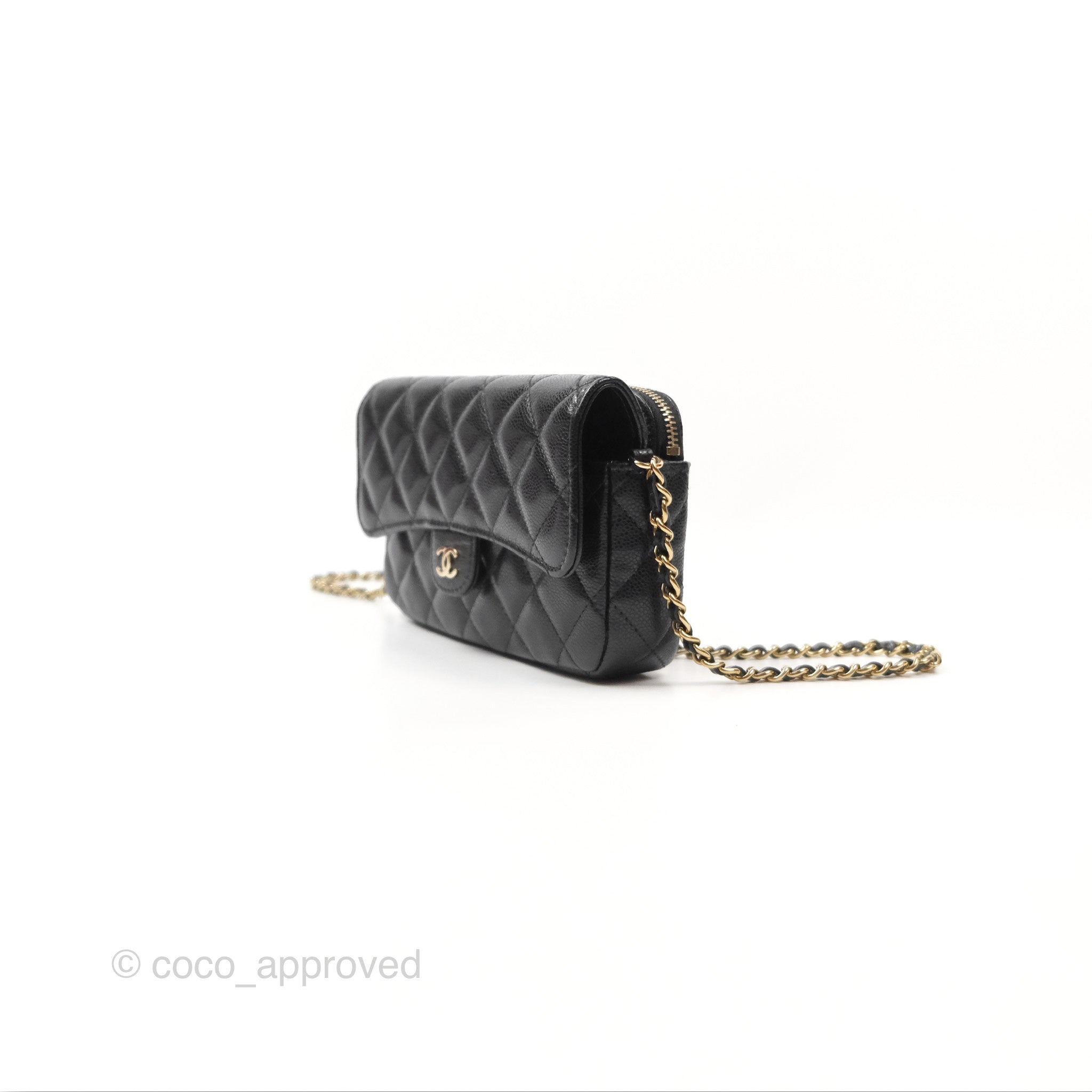 Chanel Classic Flap Phone Holder with Chain - Black Caviar Leather & Gold Hardware | Luxury Phone Crossbody Bag for Women | Perfect for Parties, Shopping & Everyday Use