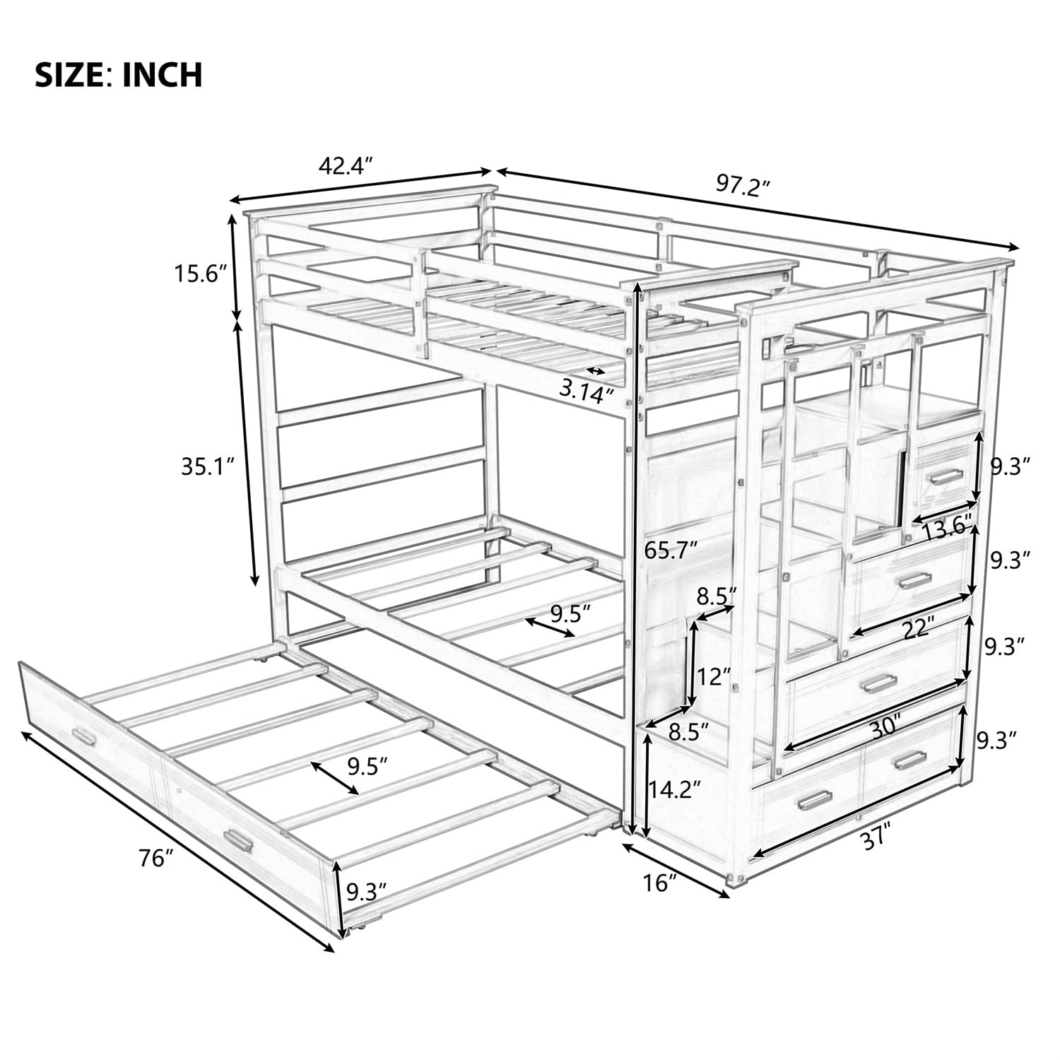 Twin Over Twin Bunk Beds with Trundle & Stairs - Wooden Storage Bunk Bed Frame with 4 Drawers for Kids, Teens, Boys & Girls - Space-Saving Solution for Small Bedrooms & Shared Kids' Rooms (Gray)