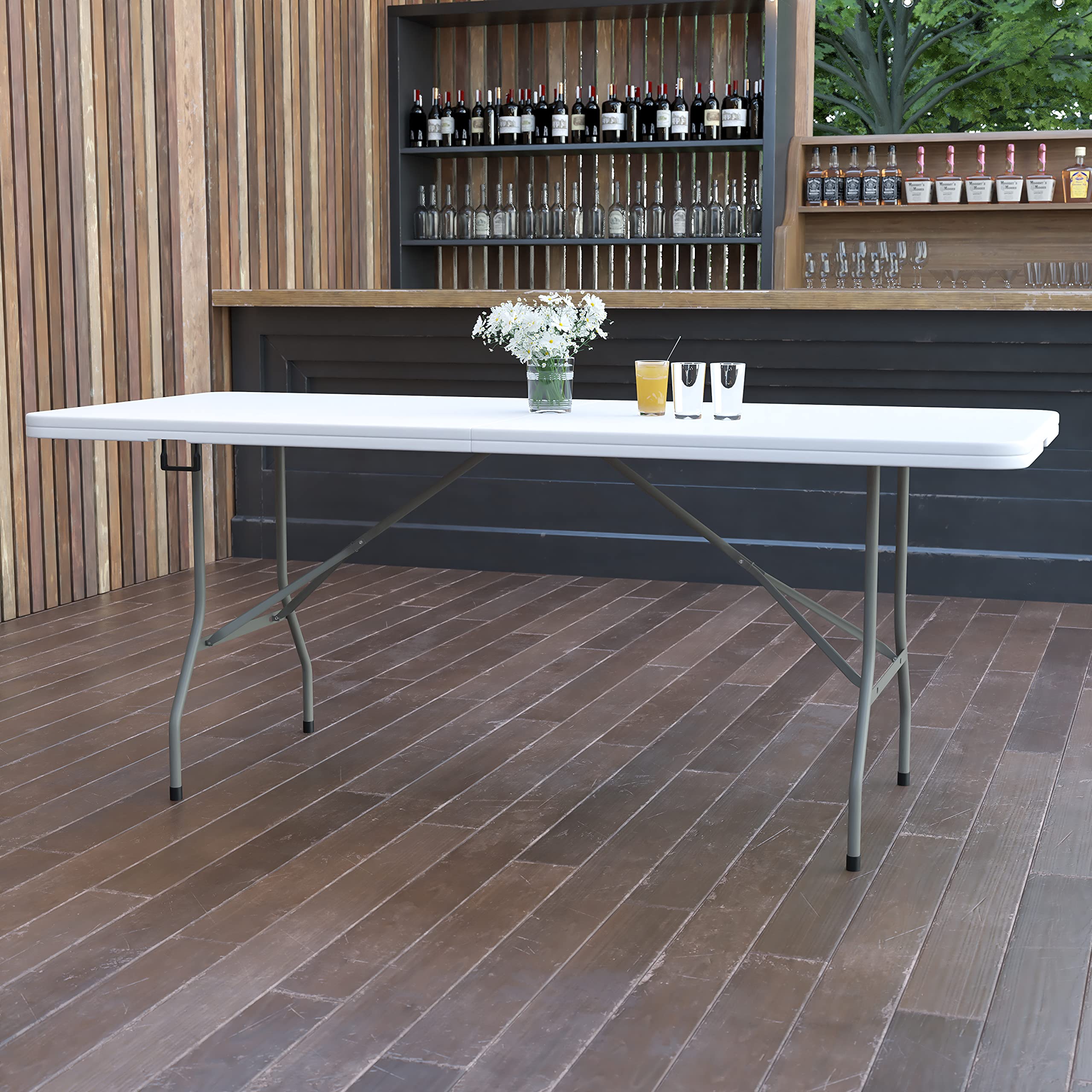6-Foot Bi-Fold Granite White Plastic Folding Table - Heavy Duty Banquet & Event Table with Carry Handle | Perfect for Parties, Weddings, Catering & Outdoor Events