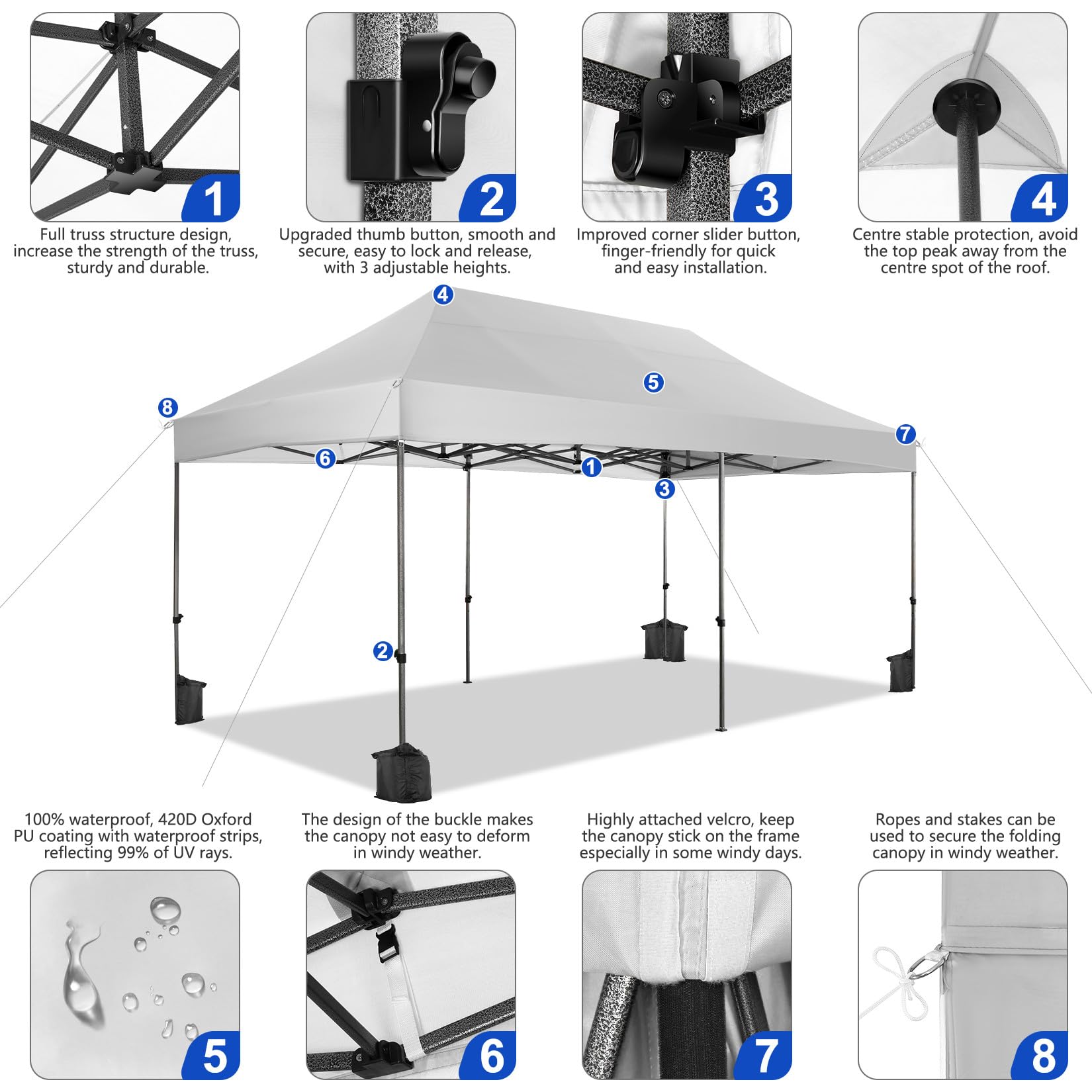 COBIZI 10x20 Heavy Duty Pop Up Canopy Tent - UPF 50+ Waterproof Gazebo with 6 Sidewalls & Roller Bag - All Weather Commercial Outdoor Tent for Weddings, Parties, Camping & Backyard Events (White)