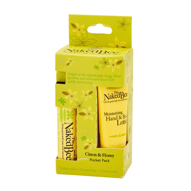 The Naked Bee Citron & Honey Pocket Pack Gift Set - Natural Hand Cream & Lip Balm Trio for Dry Skin Care - Perfect for Travel, Gifts & On-the-Go Hydration