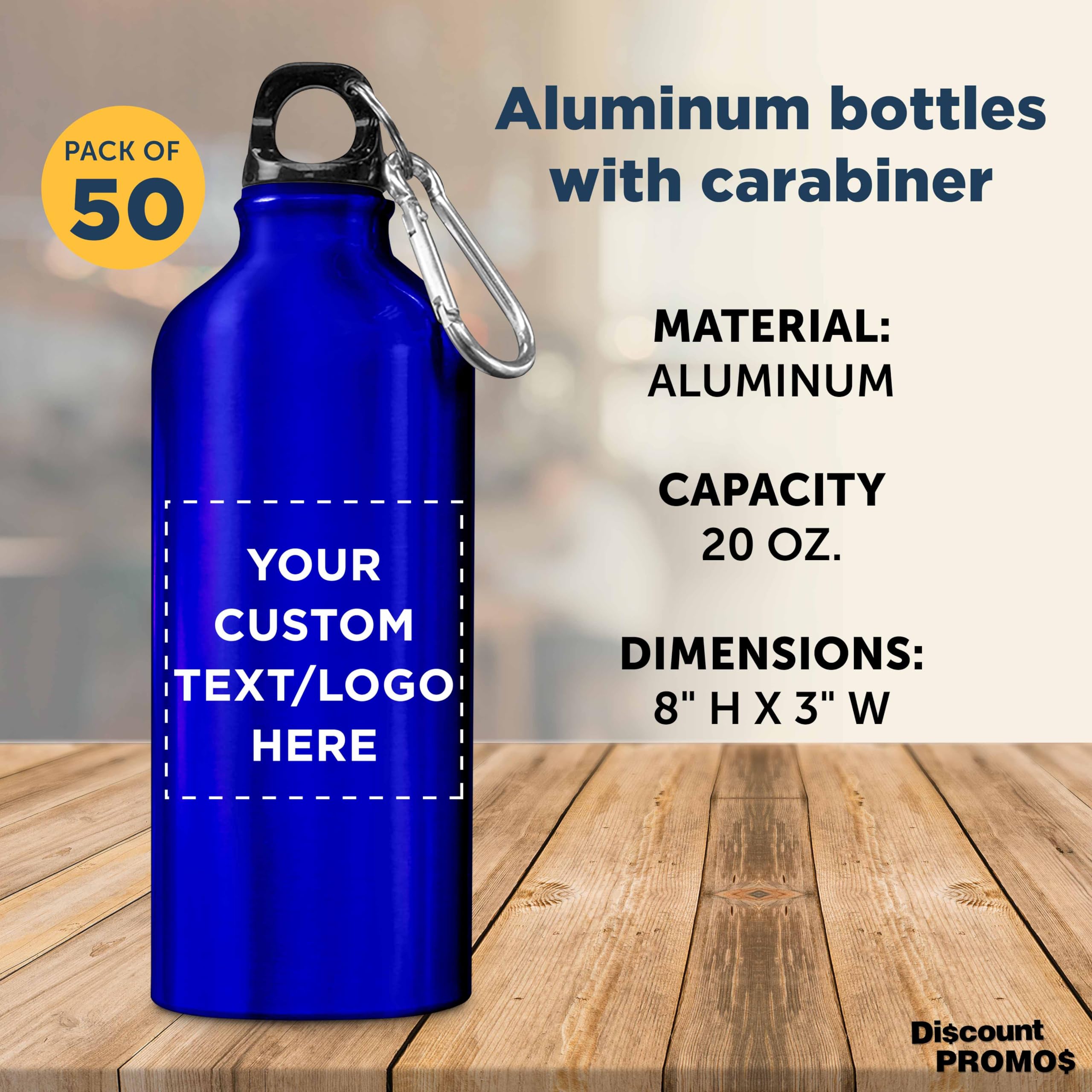 Customized 20 oz Aluminum Water Bottles Bulk Pack of 50 - Personalized Reusable Sports Bottle for Gym, Hiking, Camping & Outdoor Activities - BPA-Free Eco-Friendly Drinkware - Great for Corporate Gifts, Team Events & Promotions (Blue)