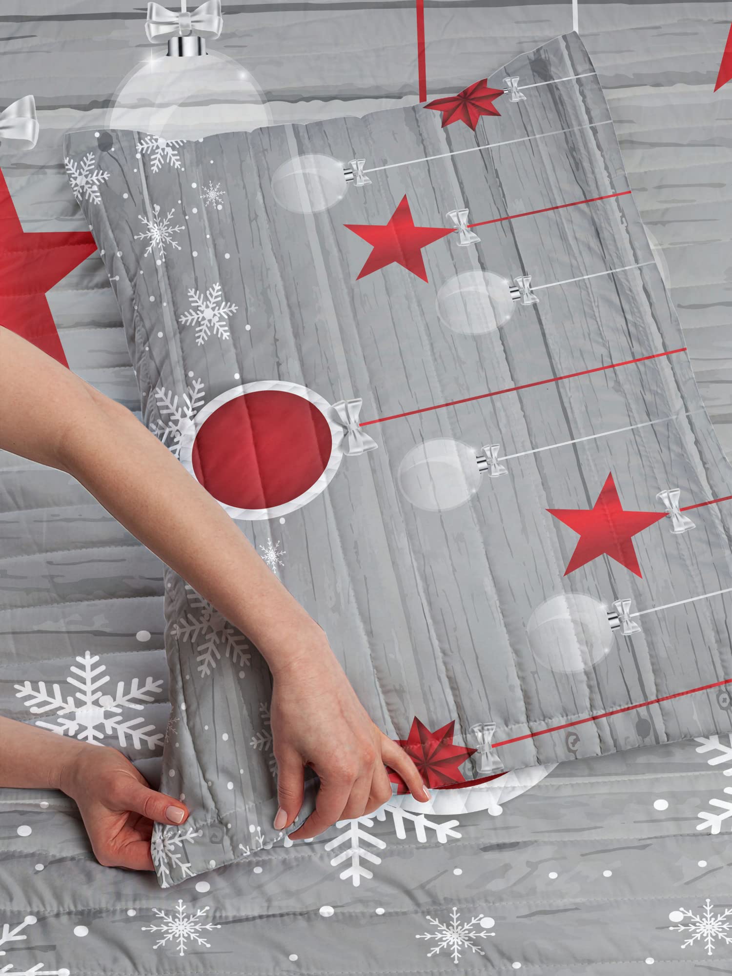Ambesonne Christmas Reversible Bedspread Set - Traditional Holiday Celebration with Stars, Baubles & Snowflakes Design - Microfiber Comforter & Pillow Shams - Queen Size Grey Red White - Perfect for Festive Bedroom Decor & Winter Home Styling