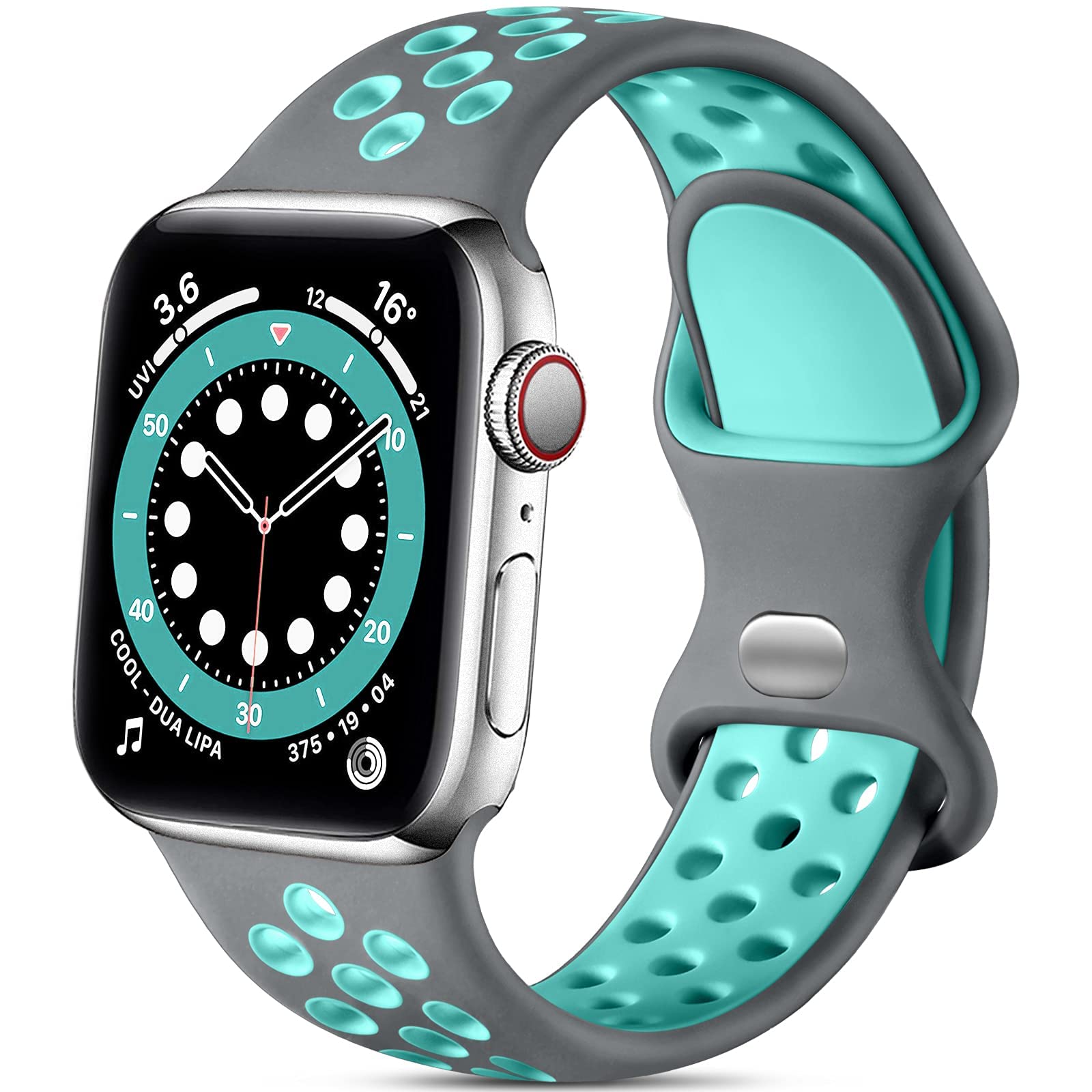 Lerobo Soft Silicone Sport Band Compatible with Apple Watch 40mm 38mm 42mm 41mm - for Series 10/9/8/7/6/5/4/3/2/1/SE - Breathable Air Hole Design for Women & Men (Gray/Teal, S/M) - Perfect for Running, Gym Workouts & Daily Wear