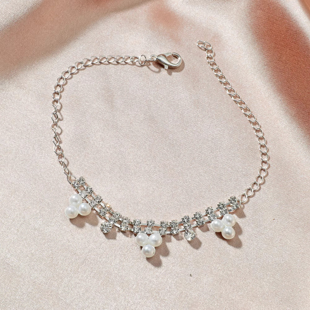Sparkling Rhinestone Heart Pearl Anklet Chain Bracelet for Women - Elegant Adjustable Ankle Bracelet Jewelry Gift | Perfect for Weddings, Beach Parties & Summer Fashion (Style X2103)