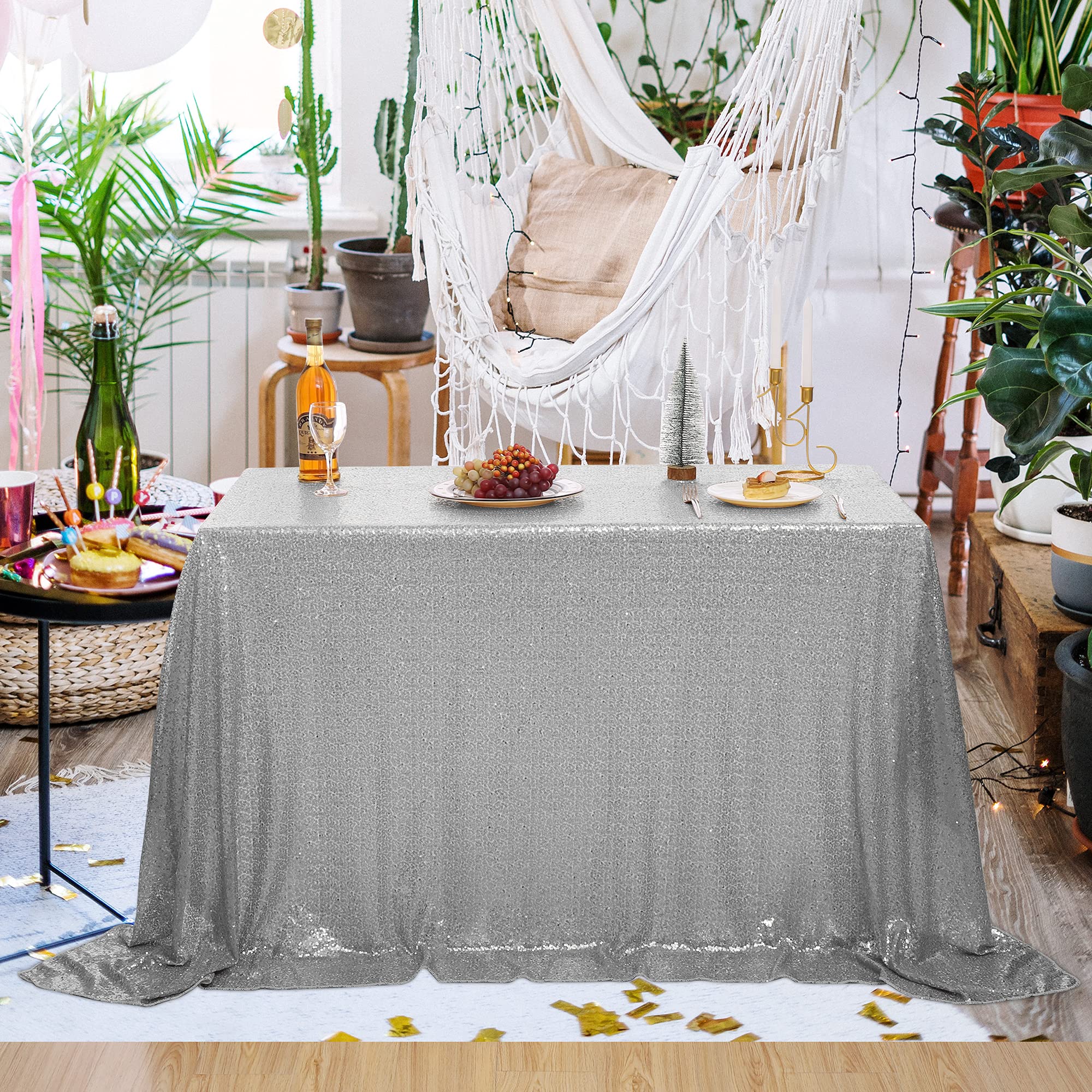 NANBOWANG Silver Sequin Tablecloth 60x126 Inch - Glitter Sparkly Iridescent Shimmer Rectangle Table Cover for Wedding, Birthday Party, Holiday Decorations & Special Events - Elegant Table Skirt for Dining Room, Banquet Hall Decor