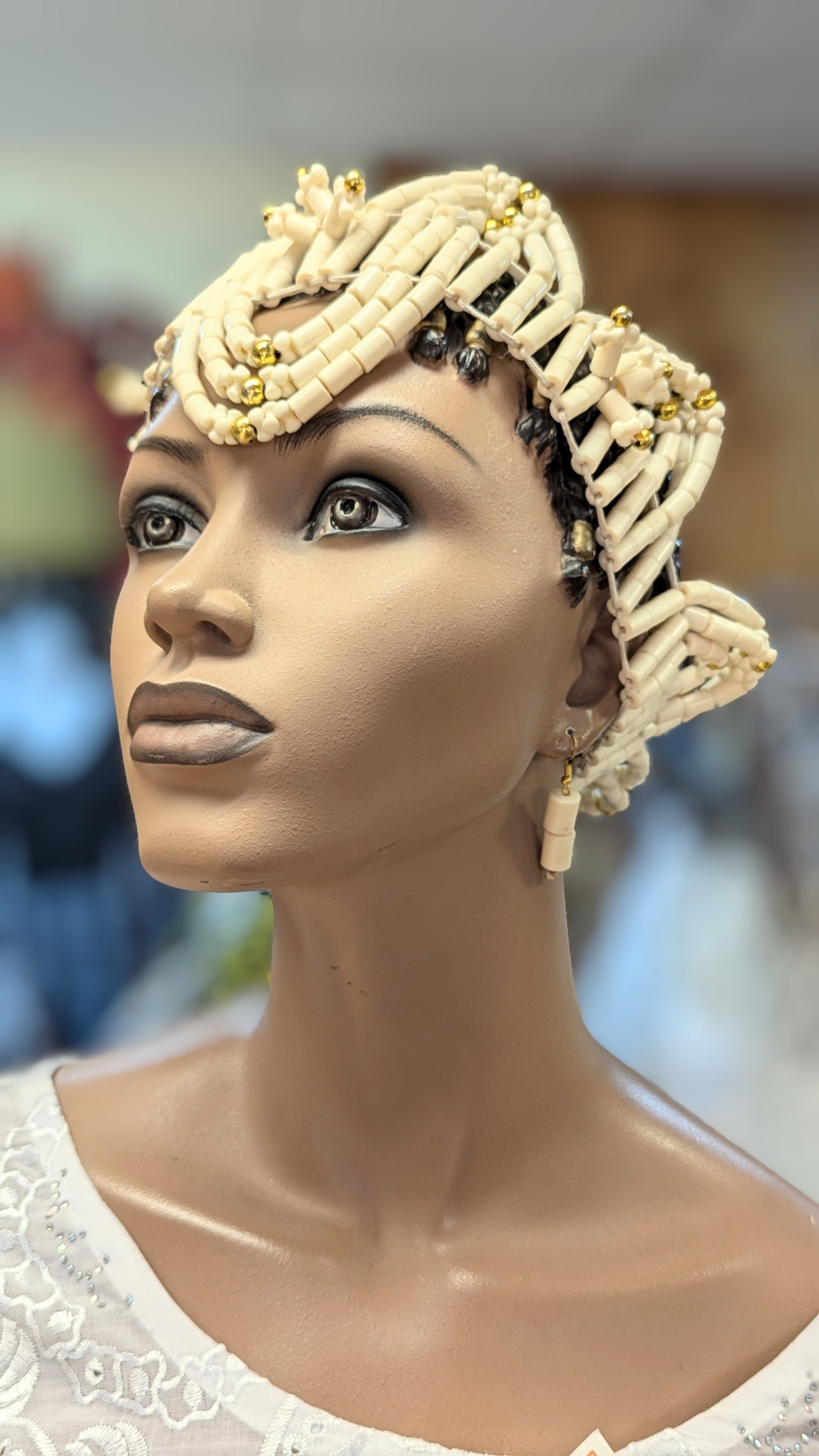 Authentic African Ivory & Gold Beaded Crown Bracelet & Earrings Set | Kelechi Igbo Edo Tribal Jewelry | Perfect for Weddings, Cultural Events & African Fashion