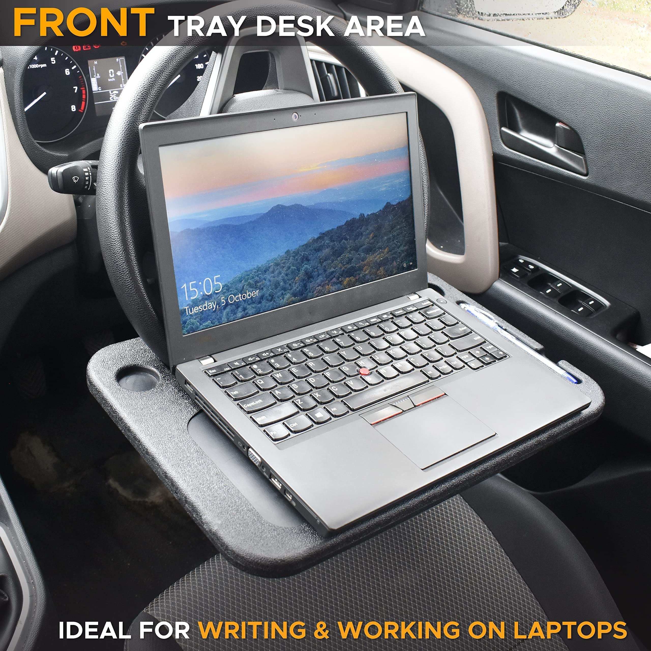 EcoNour 2-in-1 Foldable Car Steering Wheel Desk & Hanging Trash Bag - Multi-Use Travel Car Accessories for Snacks, Work & Road Trips