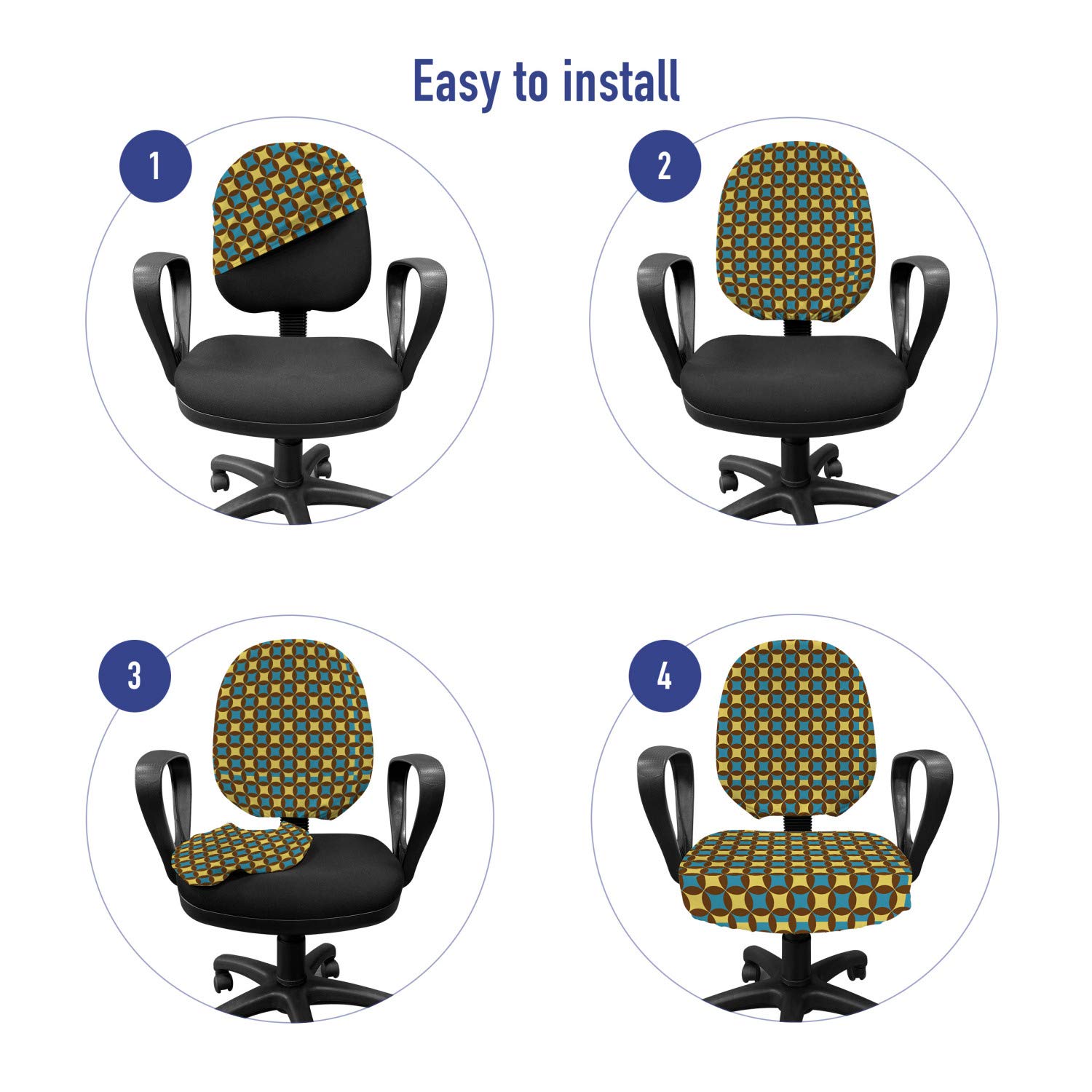 Ambesonne Retro Office Chair Slipcover - 70s Geometric Pattern with Yellow & Blue Star Design, Stretch Fabric Protective Cover in Brown, Blue & Yellow | Perfect for Home Office, Gaming Chair & Workspace Decor