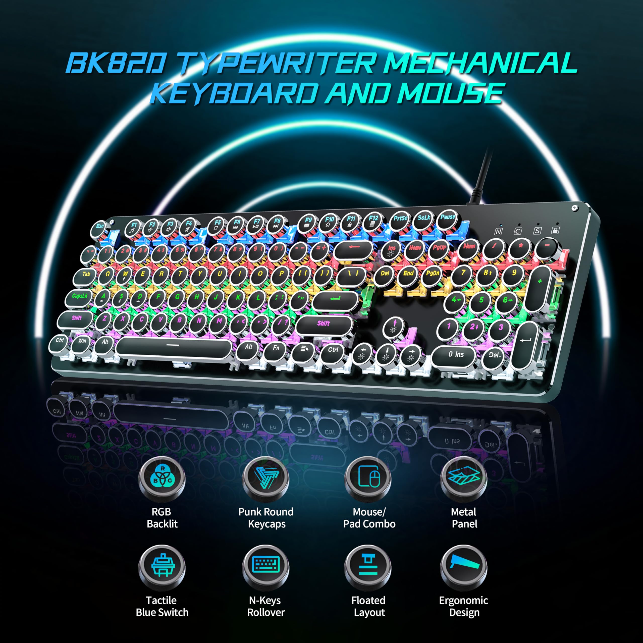 Retro Mechanical Gaming Keyboard and Mouse Combo - Blue Switch, RGB Backlit 104 Keys, Metal Panel, Round Keycaps for PC, Mac, Laptop | Perfect for Typing, Gaming & Office Work