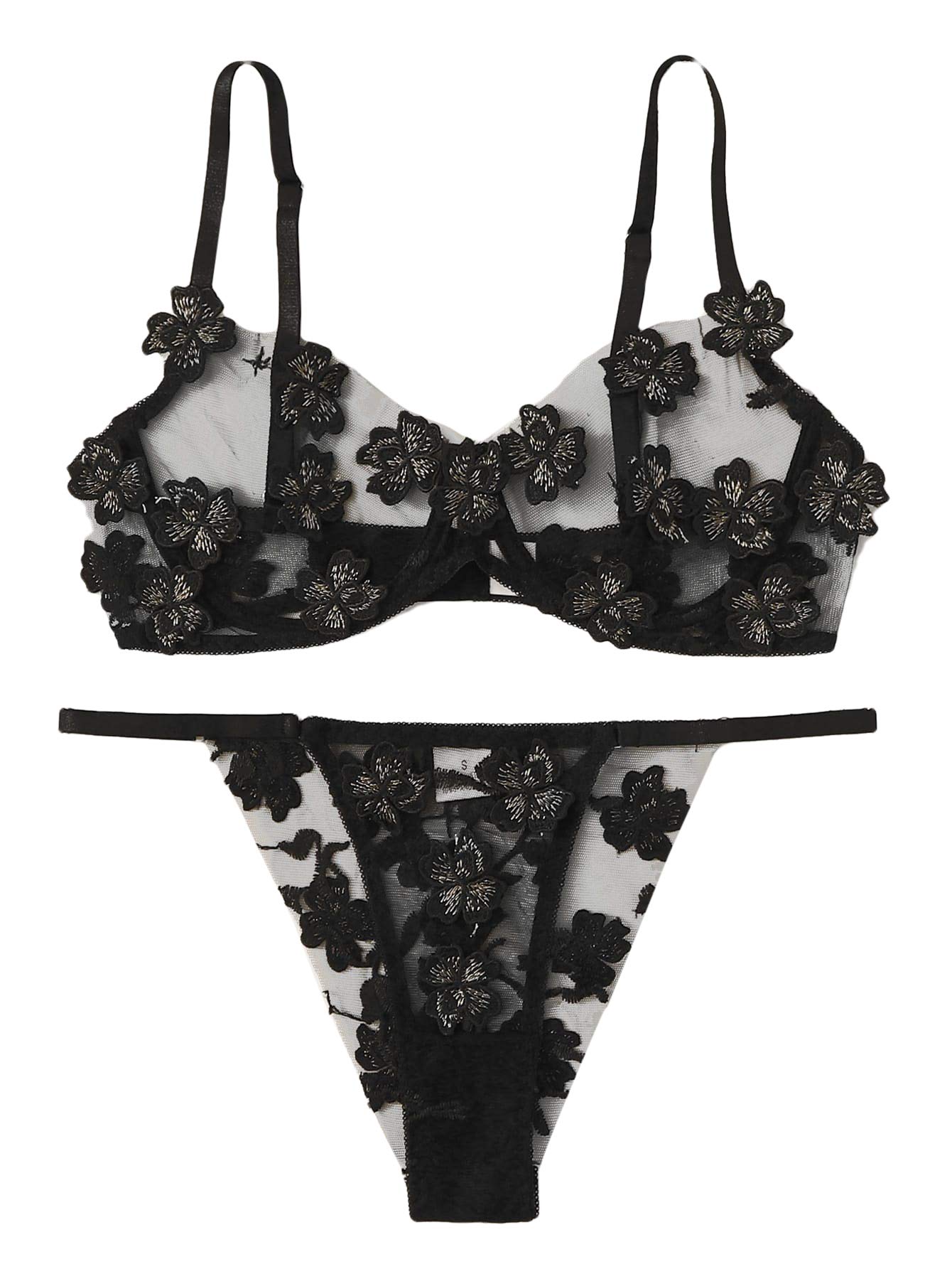 Floerns Women's Sexy Lace Underwire Bra & Thong Lingerie Set - Elegant Applique Design for Date Night, Bridal Shower & Special Occasions