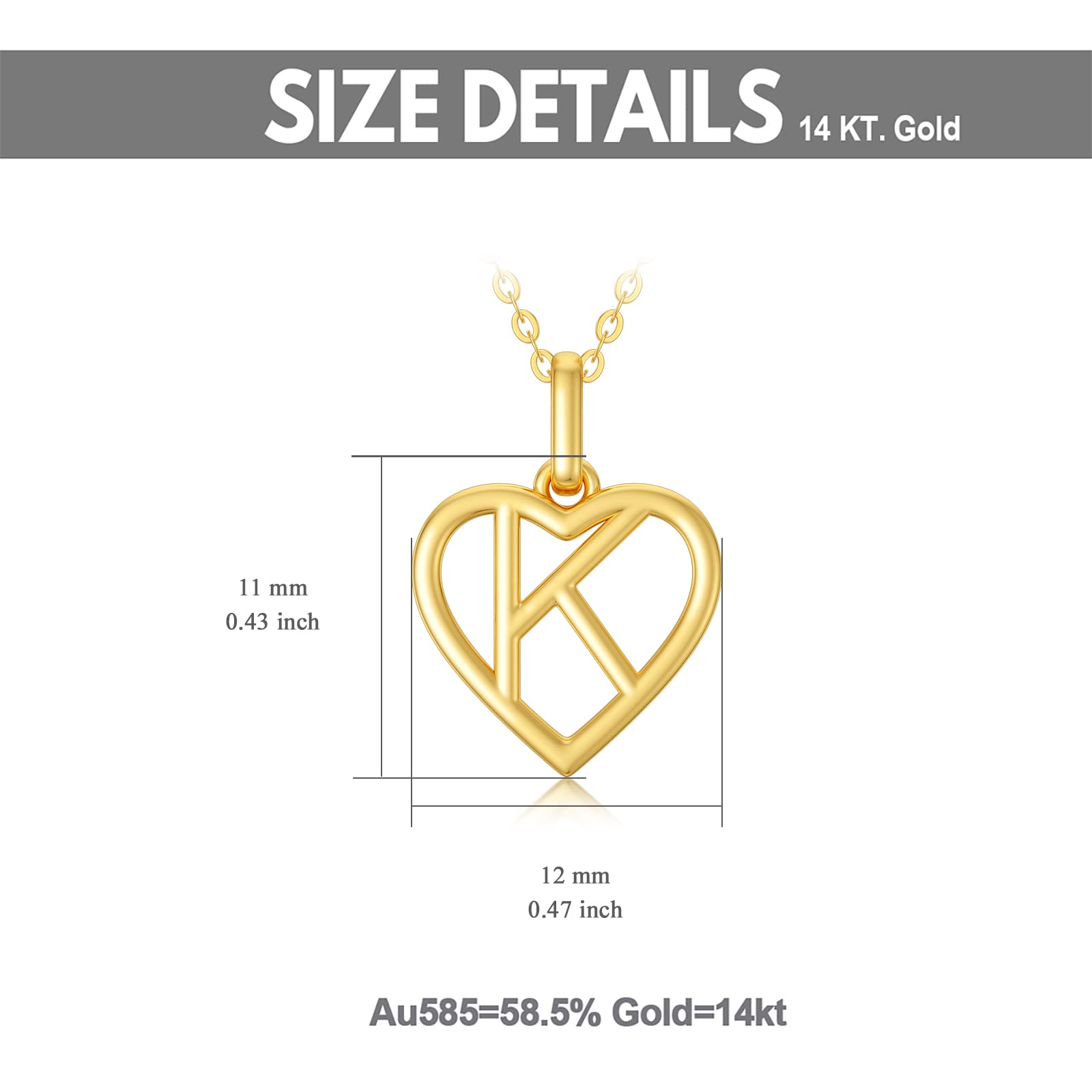 14K Solid Gold Heart Initial Necklace for Women - Personalized Letter A Pendant with 18