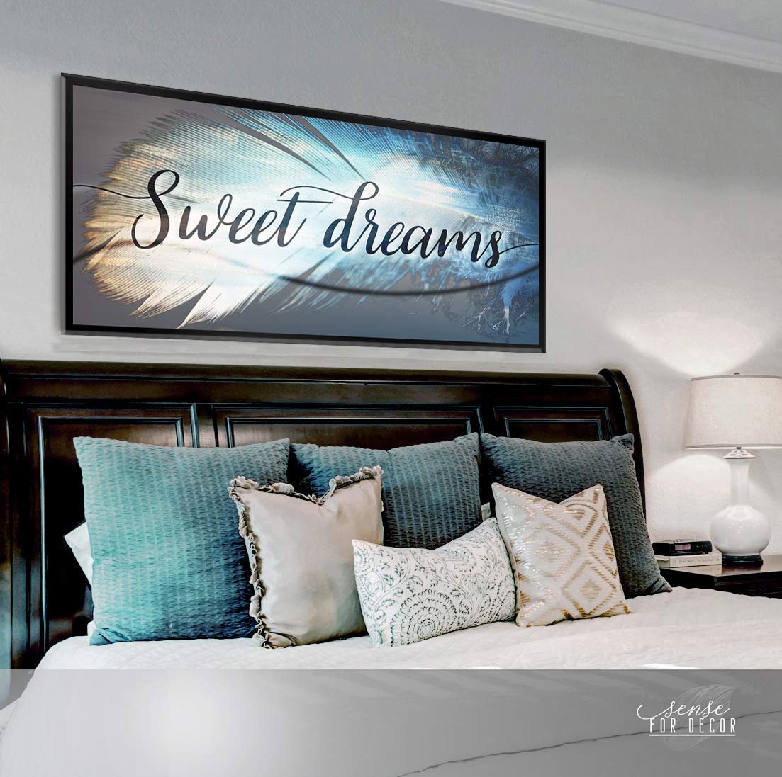Feather Sweet Dreams Wall Art - Large Framed Canvas Print for Master Bedroom Decor, Above Bed Wall Decor (Black Floating Frame 42x19) - Perfect for Home, Office & Nursery Decoration