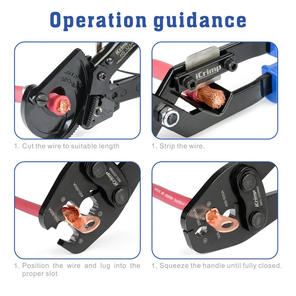 IWS 25500A Battery Cable Crimper Tool for 250A to 500A Open Barrel Lugs - Lead Free OEM Battery Terminals - Perfect for Automotive, Marine, and Solar Power Applications