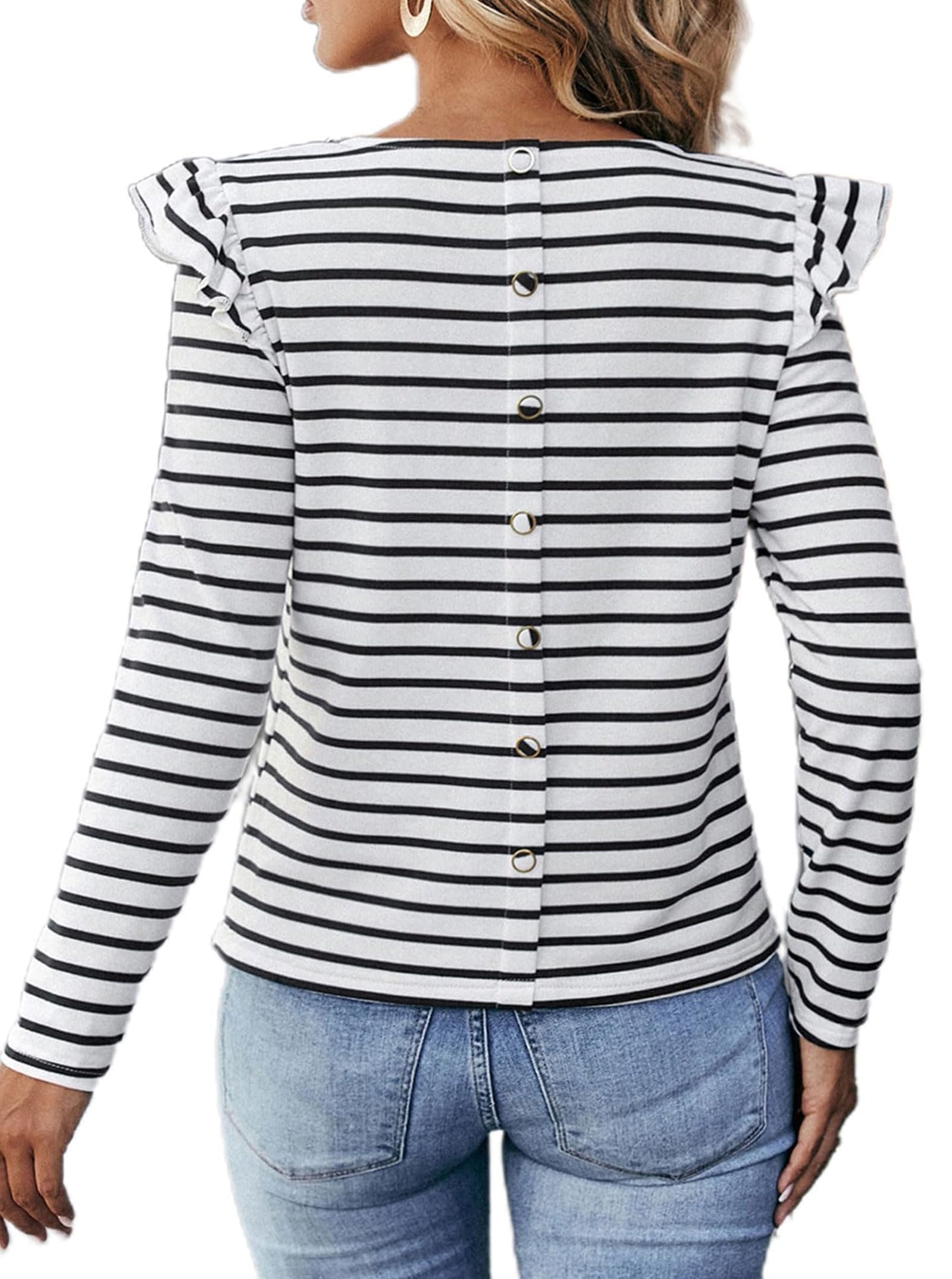 LilyCoco Women's Ruffle Long Sleeve Button Back Striped Shirt - Casual Fall T-Shirt for Work, Date Night & Everyday Wear | Comfortable & Stylish Blouse for Women