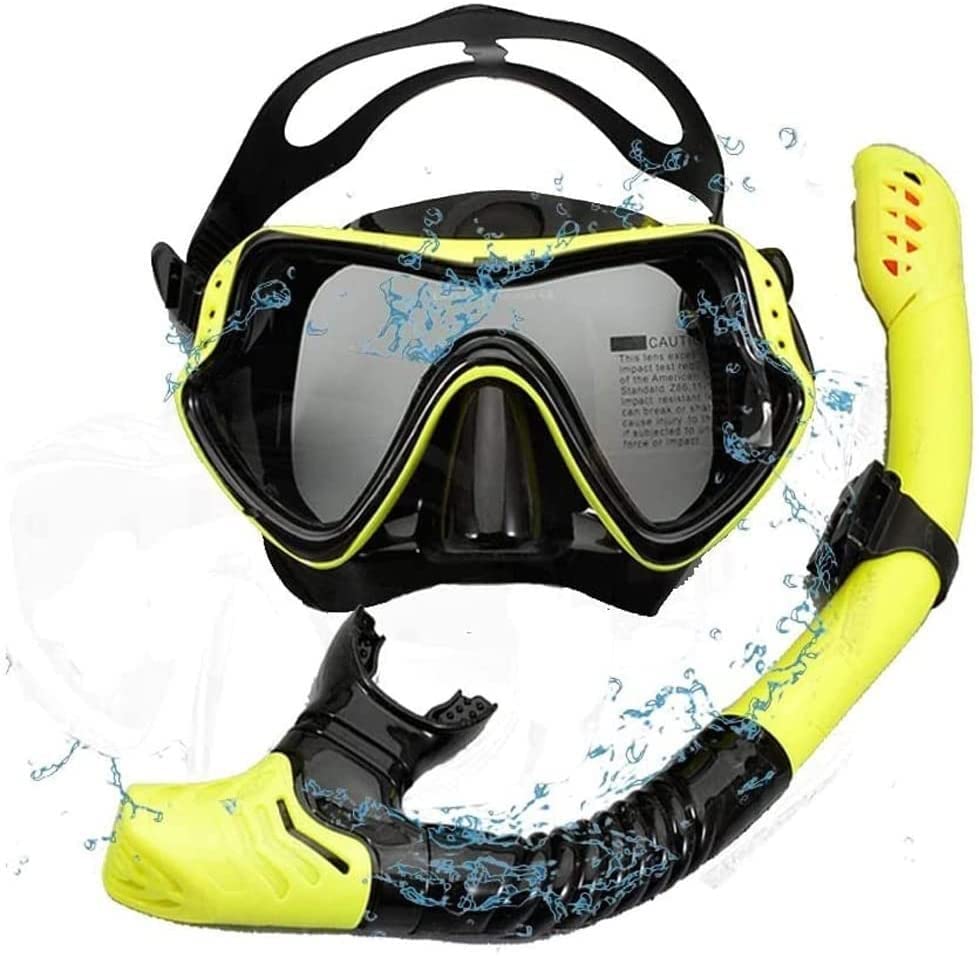 Premium Snorkel Set for Adults - Tempered Glass & Silicone Diving Mask with Dry Snorkel - Anti-Fog Swimming Goggles for Scuba Diving, Snorkeling, Freediving - Yellow - Perfect for Ocean Adventures, Beach Vacations & Underwater Exploration