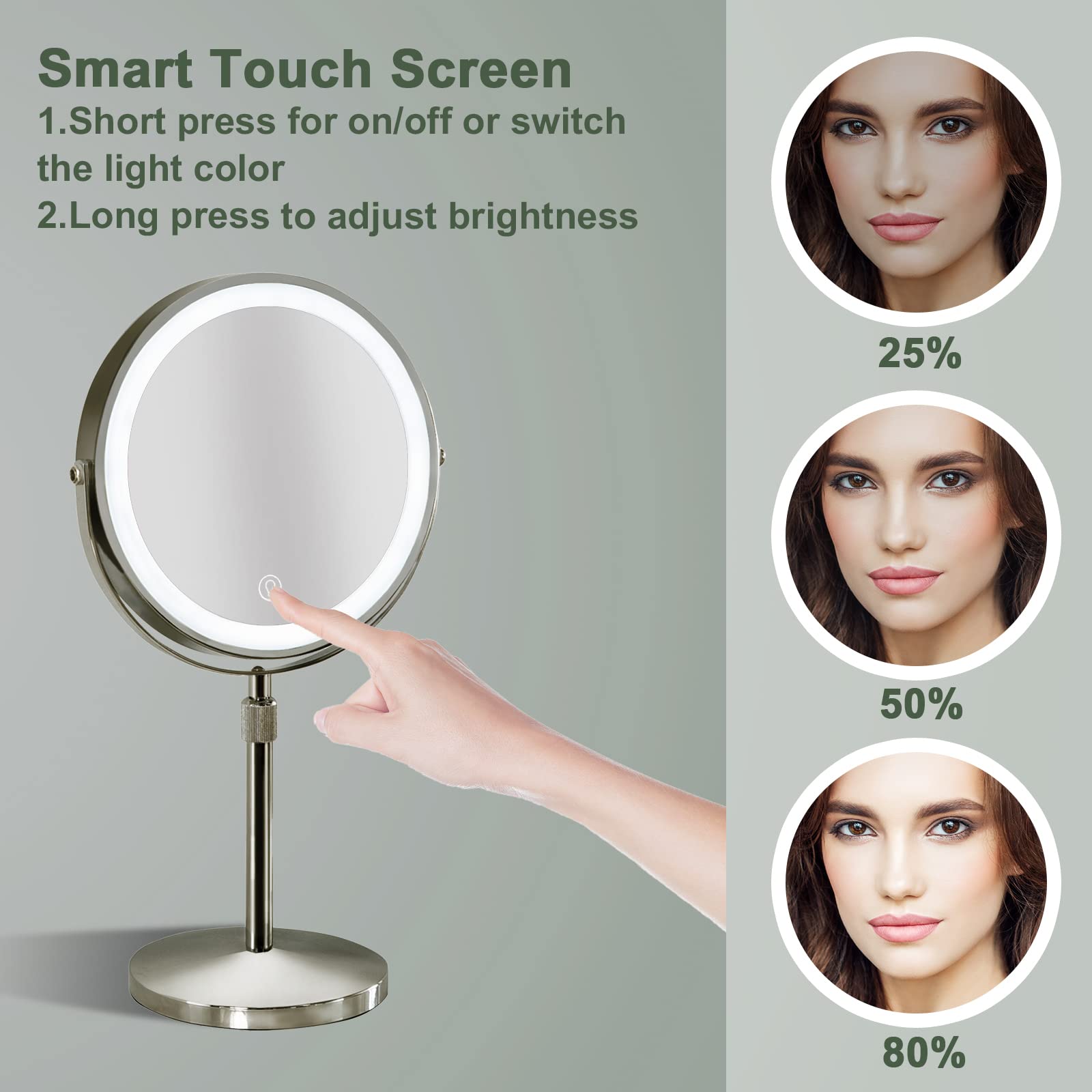 Furgatti 8 Inch Lighted Makeup Mirror with 3 Color Modes & Touch Control - 1x/10x Magnification, Adjustable Height, 4000mAh Battery - Perfect for Vanity, Dressing Room & Travel - Women's Gift (Nickel Finish)