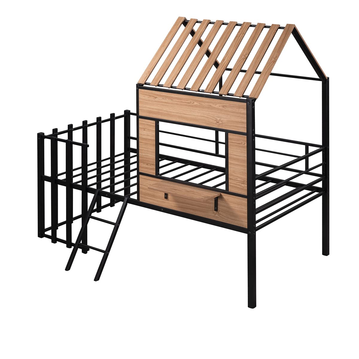 TRIPLE TREE Twin Size Low Loft Bed with Ladder - Sturdy Metal House Bed Frame with Roof, Window & Safety Guardrails for Kids & Teens - No Box Spring Needed - Black - Perfect for Small Bedrooms, Dorm Rooms & Kids' Play Areas