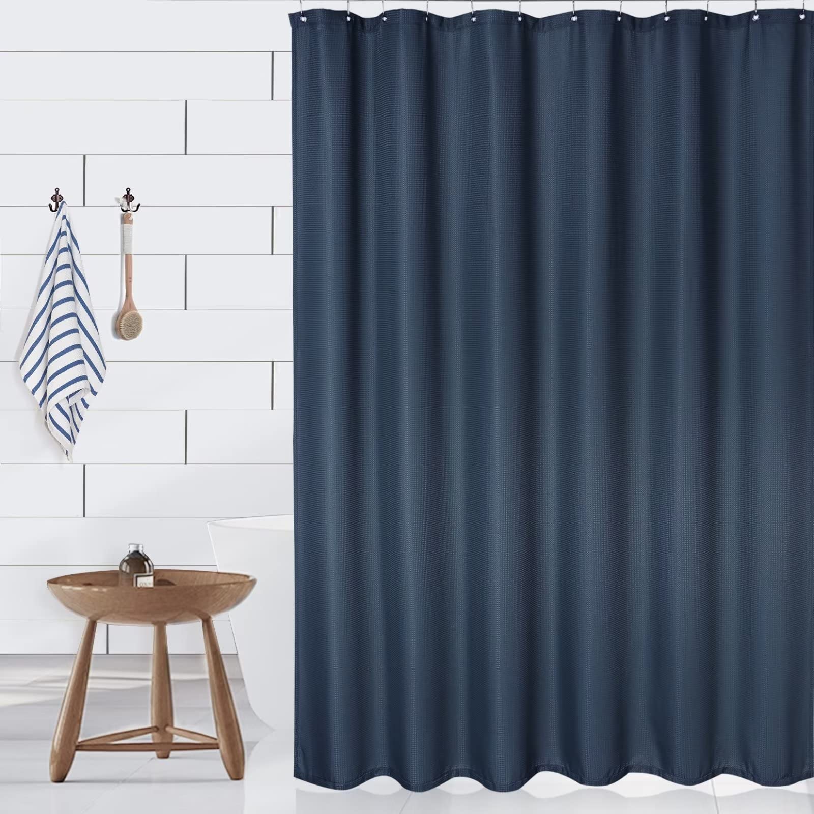 GlowSol Navy Blue Waffle Weave Shower Curtain 72x72 Inches - Waterproof Polyester Fabric with Rust-Resistant Grommets for Bathroom Decor | Perfect for Modern, Farmhouse & Coastal Bathroom Styles