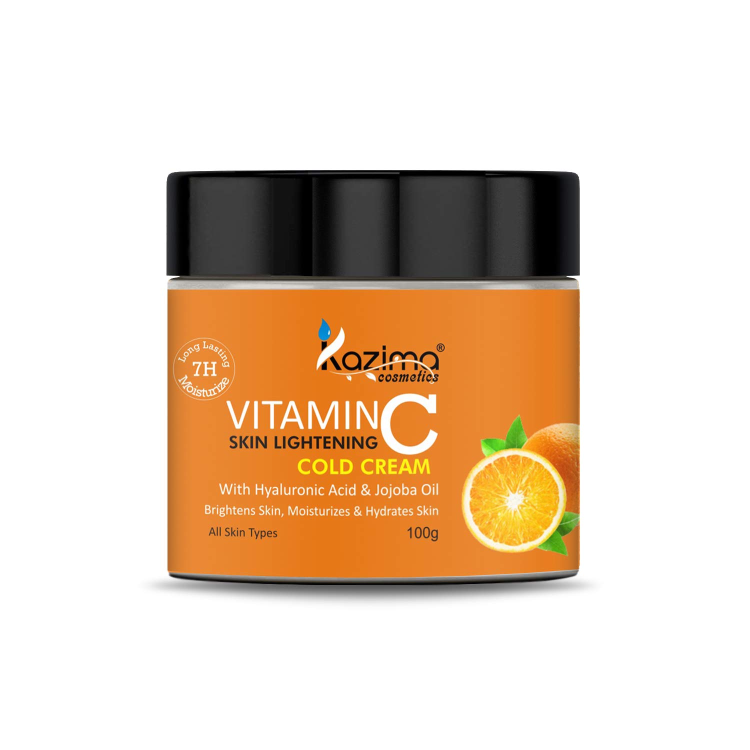 KAZIMA Vitamin C Skin Brightening Cold Cream (100g) with Hyaluronic Acid & Jojoba Oil - Dark Spot Corrector, Moisturizing Face Cream for Glowing Skin - Day & Night Use for Dry, Dull & Uneven Skin Tone