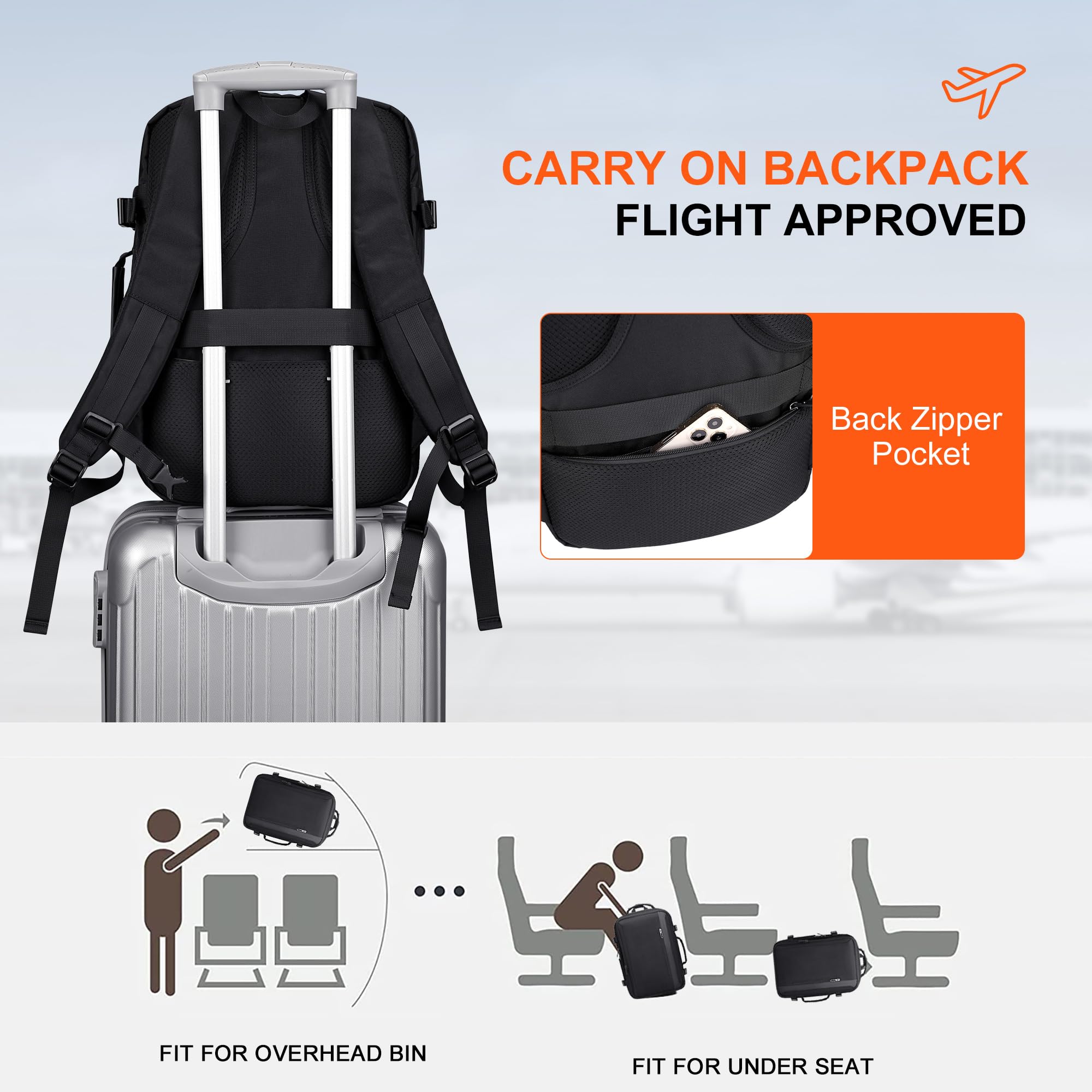 PIJUSHI Expandable 40L Travel Backpack for Women & Men - Flight Approved Carry On Backpack with USB Charging Port & 16 Inch Laptop Compartment (Black) - Perfect for Business Trips, Weekend Getaways & Airplane Travel