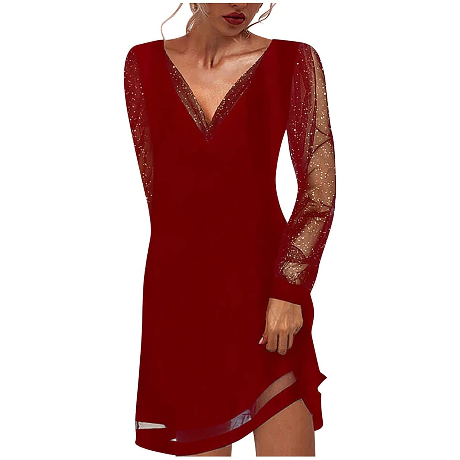 Jsarle Sexy Lace Mesh Mini Dress for Women - V Neck Long Sleeve See Through Cocktail Dress for Wedding Guest & Night Out - Perfect for Parties, Date Nights & Special Occasions