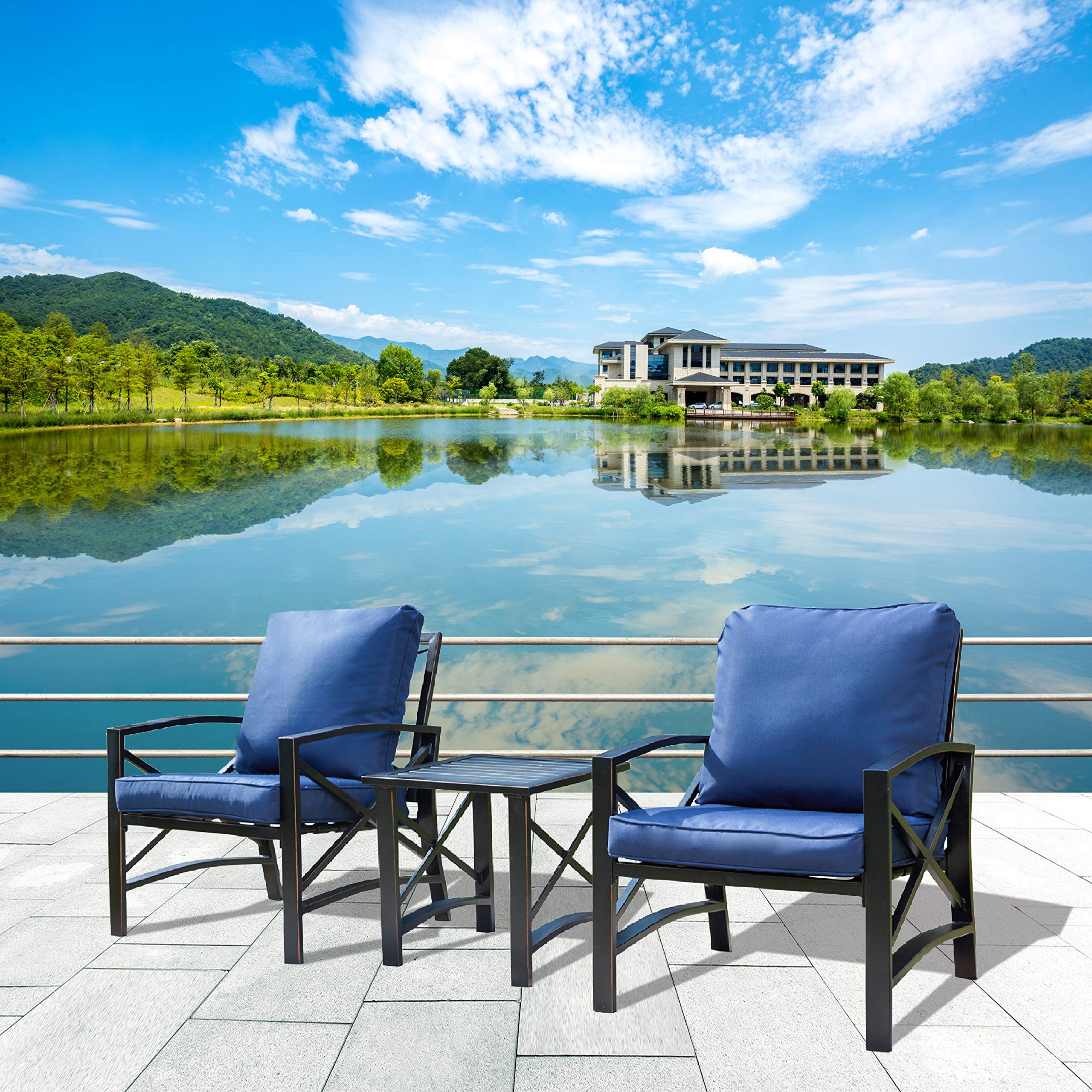 LOKATSE HOME 3-Piece Outdoor Patio Furniture Set - Wicker Conversation Set with Coffee Table & 2 Chairs in Blue - Perfect for Backyard, Garden, Poolside or Balcony Relaxation