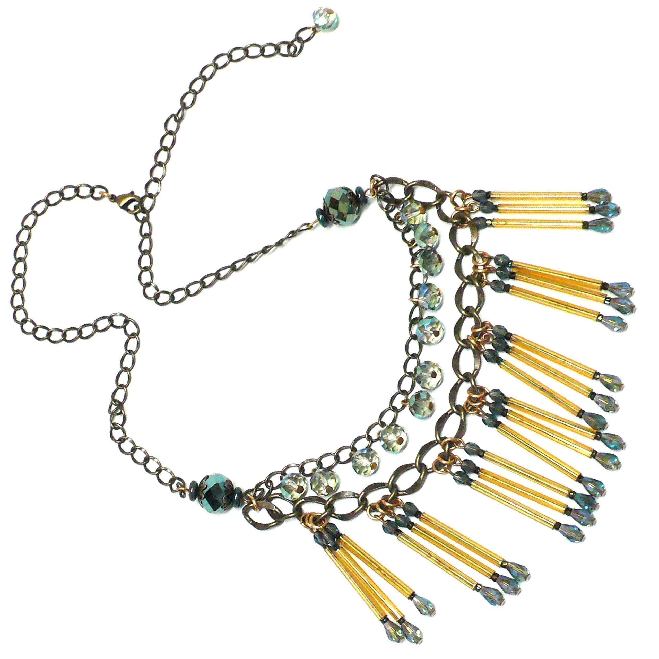 Elegant Silver-Tone Glass Bugle Bead Graduated Statement Necklace for Women | Boho Chic Layered Collar Chain Jewelry | Perfect for Parties, Weddings & Everyday Wear