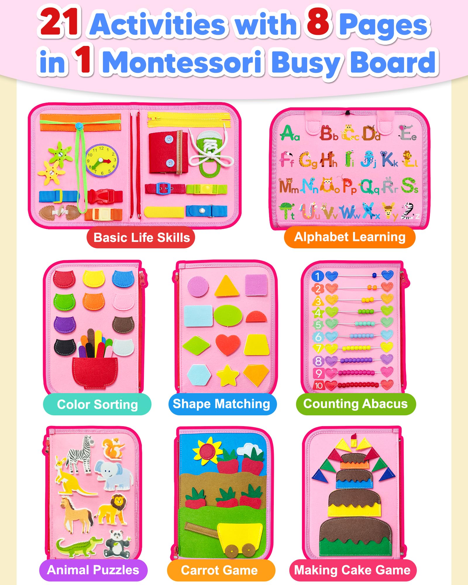 Montessori Busy Board for Toddlers 1-4 Years - Sensory Learning & Educational Travel Toy for Girls & Boys - Perfect Birthday Gift & Easter Present - Develop Fine Motor Skills for Airplane & Car Rides