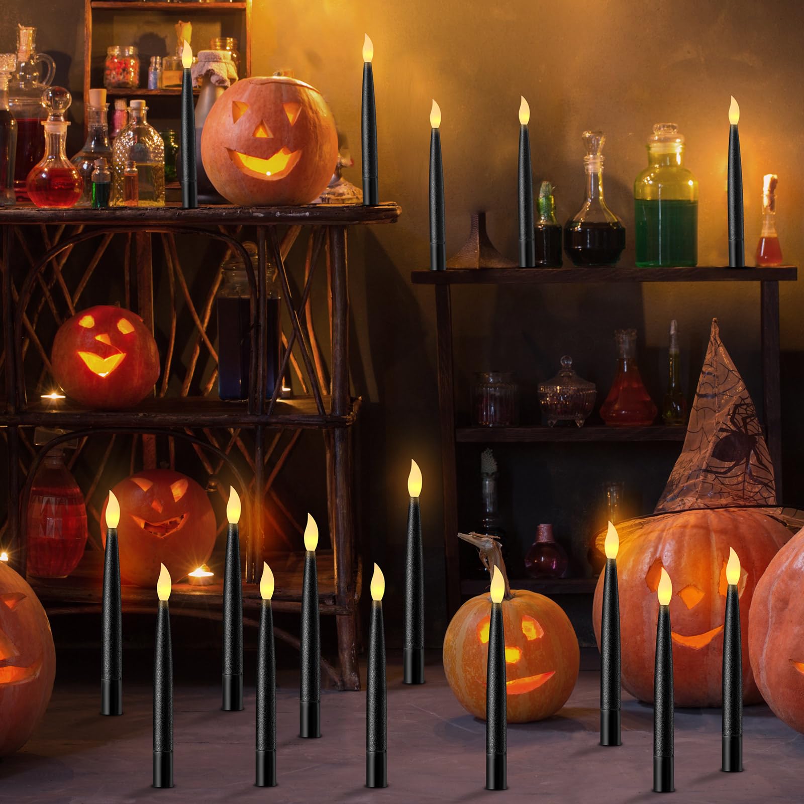 24 Pack Flameless LED Hanging Candles - Battery Operated Halloween Decor with Warm White Light (6.3 Inch Black Taper Candles) Perfect for Spooky Party, Haunted House, and Magical Floating Candle Displays