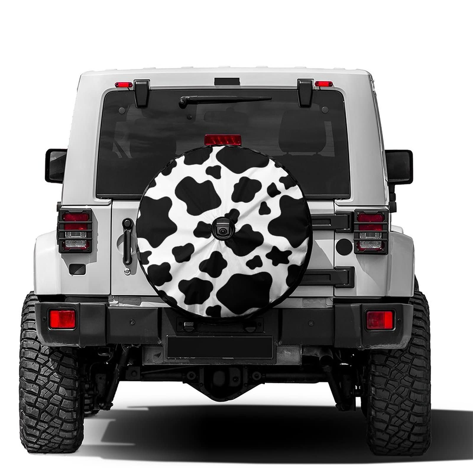 Cute White Cow Print Spare Tire Cover with Backup Camera Hole - Universal Fit for 17 Inch Wheels on Trailers, RVs, SUVs & More | Perfect for Outdoor Adventures & Road Trips