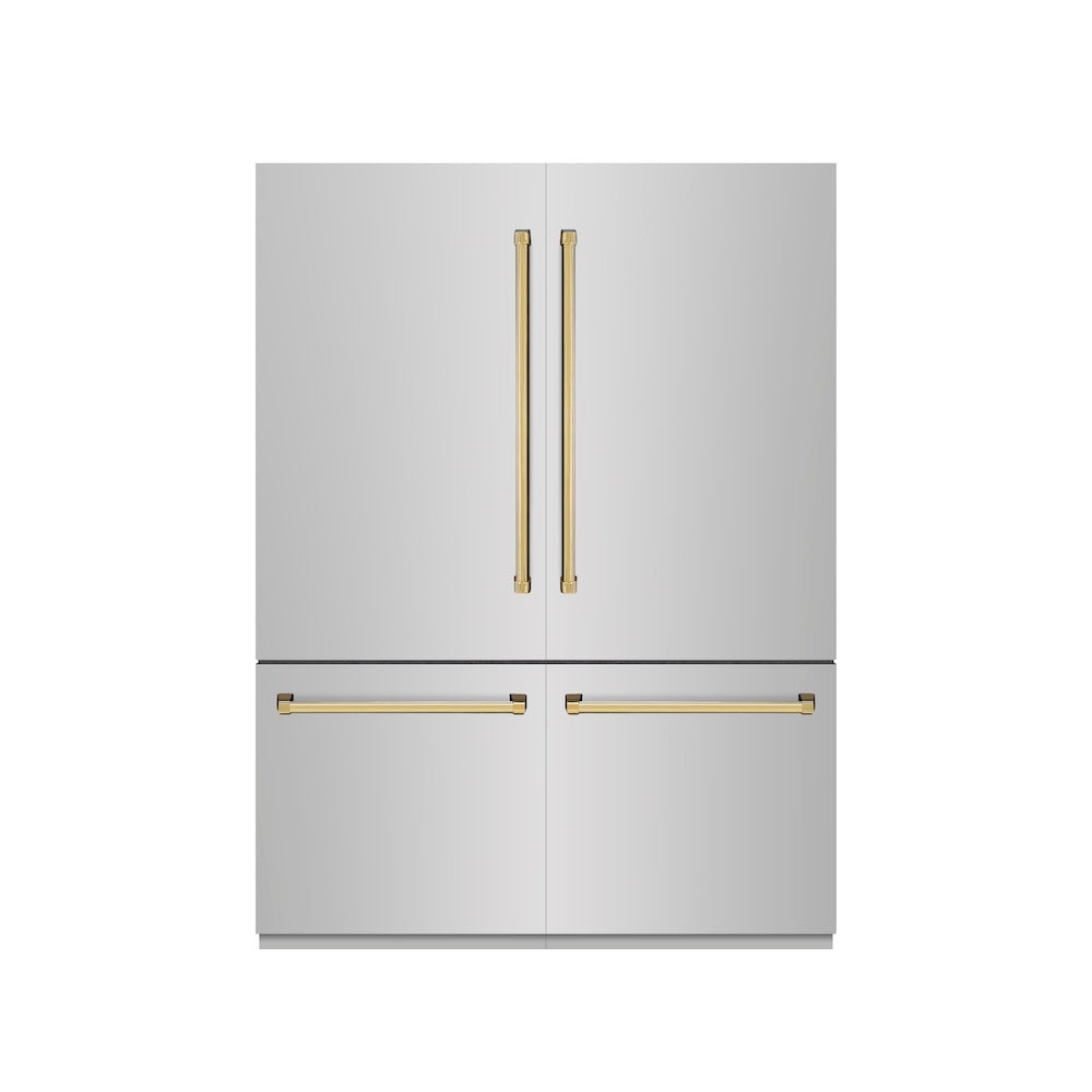 ZLINE Autograph Edition 60-Inch French Door Built-In Refrigerator - 32.2 cu.ft Capacity, Bottom Freezer, Water Dispenser & Ice Maker - Stainless Steel with Graphite Gray Interior & Polished Gold Accents (GRBIVZ 304 60G) - Perfect for Modern Kitchens & Luxury Homes