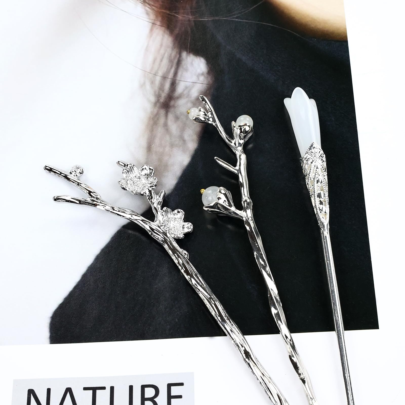 8Pcs Retro Crystal Pearl Silver Hair Sticks with Pendants - Chinese Hanfu Hair Forks, Cloud Star Lotus Hairpins for Women, Bun Updo Holders - Perfect for Weddings, Cosplay & Traditional Asian Hairstyles