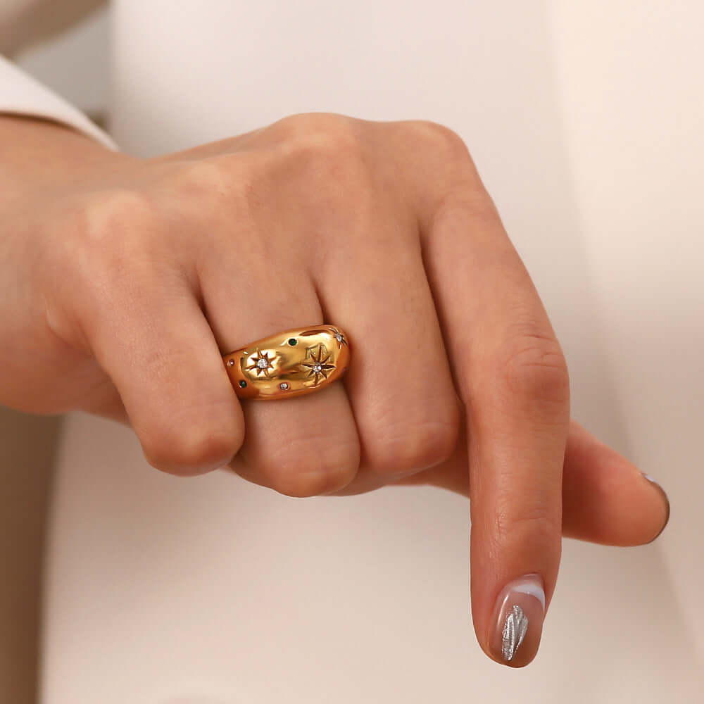 18K Gold Twist Dome Ring for Women - Elegant Star Thick Band Ring | JDR334 | Perfect for Weddings, Anniversaries & Special Occasions