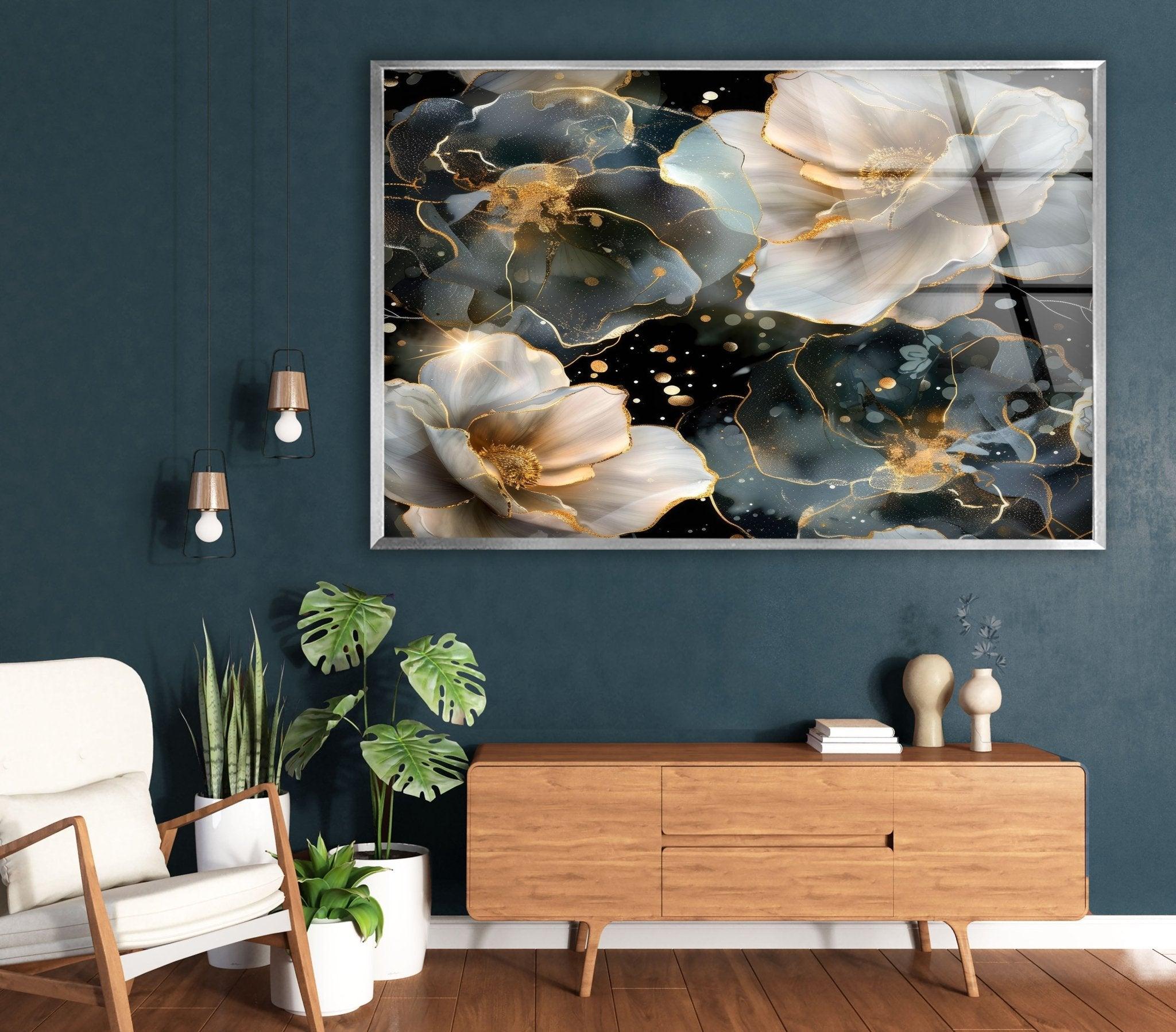 Alcohol Ink Floral Glass Wall Art - Handmade Modern Abstract Painting for Home Decor, Living Room, Bedroom & Office - Unique Gift Idea