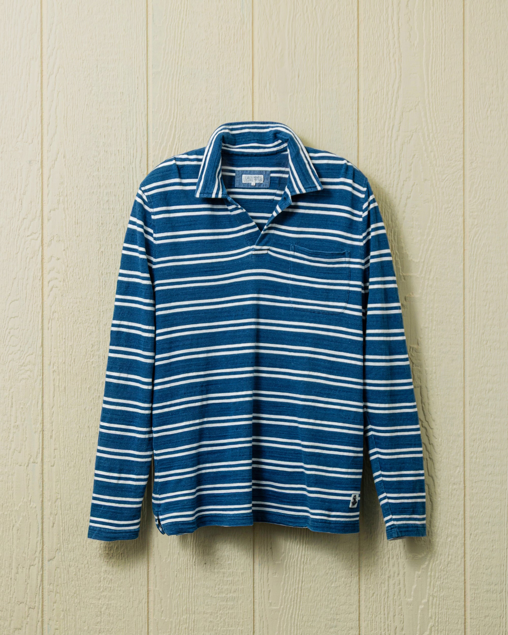 Men's Long Sleeve Indigo Polo Shirt with White Double Stripe - Casual & Business Wear for Office, Golf & Outdoor Activities
