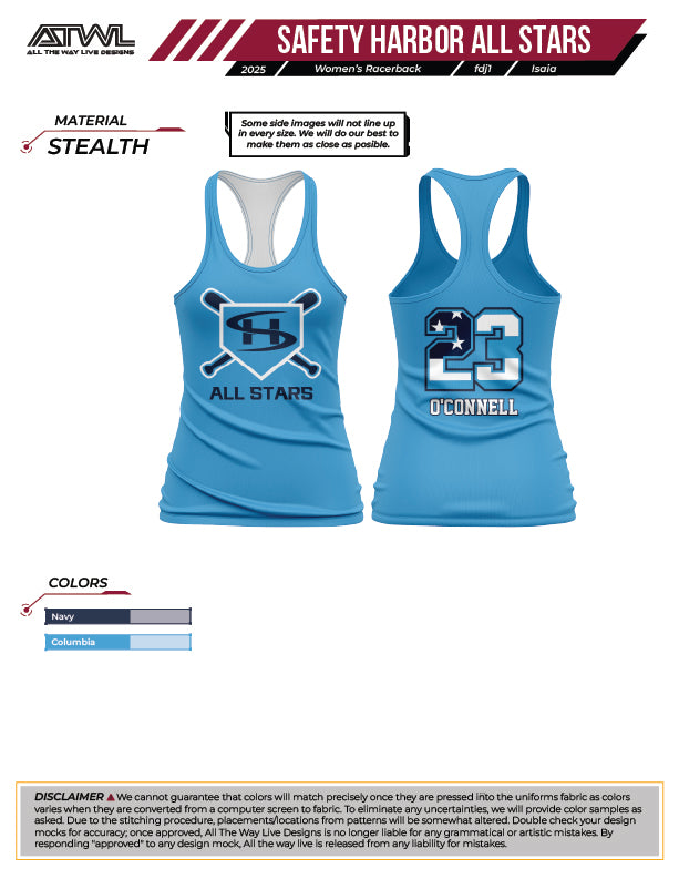 Safety Harbor All Stars Women's Full Dye Racerback Tank Top - Columbia Blue - Athletic Workout & Yoga Apparel