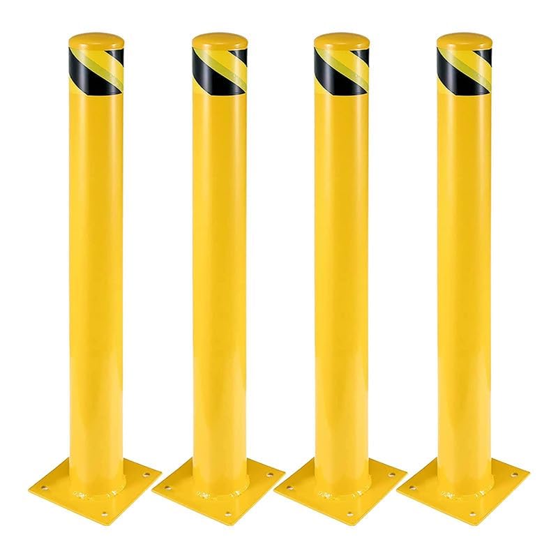4 Pack Yellow Safety Bollards - 42 Inch Steel Traffic Posts with 8 Anchor Bolts (4.5 Inch Diameter) for Driveway Barriers, Parking Control & Warehouse Safety | Heavy Duty Outdoor Protection