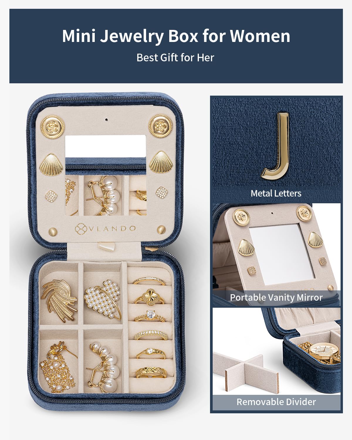 Personalized Initial Jewelry Box for Women - Engraved Letter J Dark Blue Travel Jewelry Case | Birthday Gifts for Best Friends, Friendship Gifts for Her | Perfect for Travel, Bridesmaid Proposal & Special Occasions