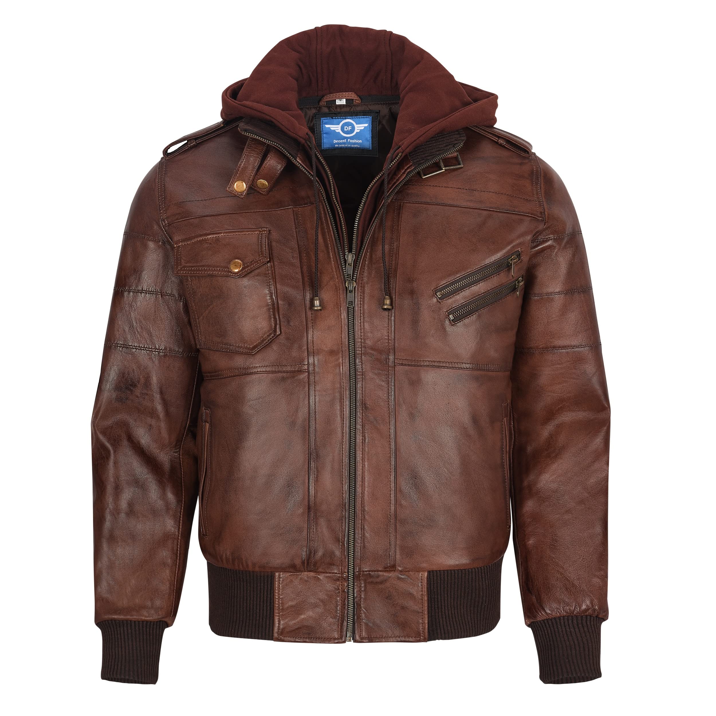 Men's Brown Leather Jacket with Removable Hood - Stylish Motorcycle Jacket for Bikers & Outdoor Enthusiasts | Perfect for Riding, Casual Wear & Cool Weather Protection