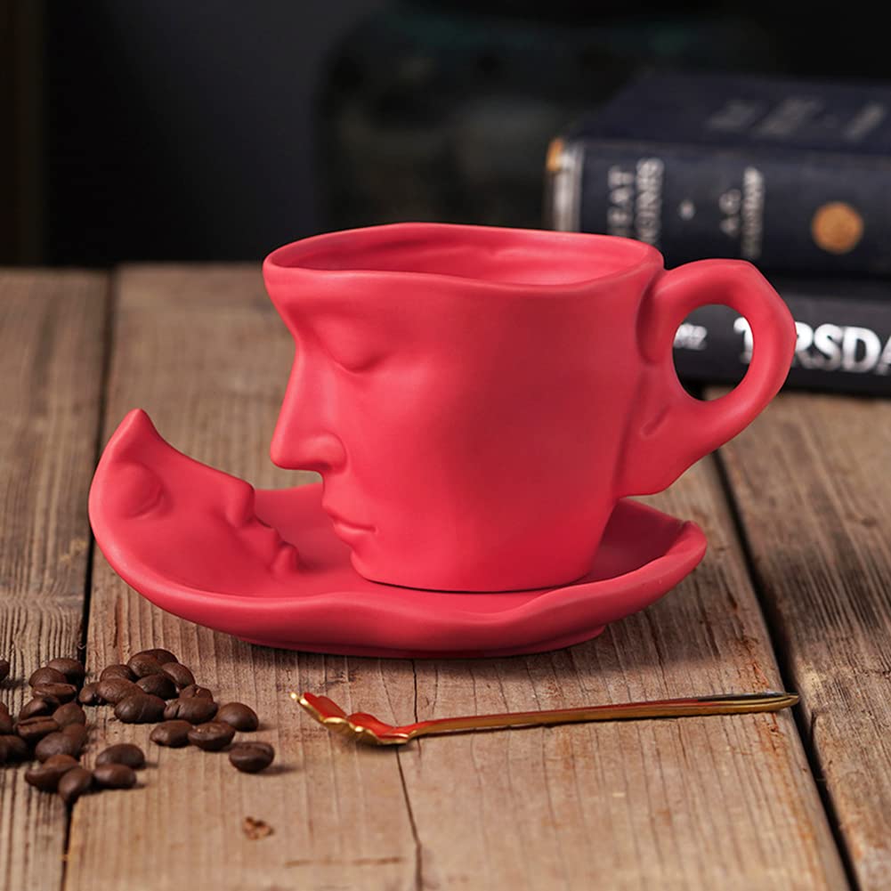 Creative Face Mug Set - 4-Piece Ceramic Coffee Cups & Saucers for Espresso, Cappuccino, Latte - Fun Tea Drinking Cups - Microwave & Dishwasher Safe (Red) - Perfect for Home, Office & Gifts