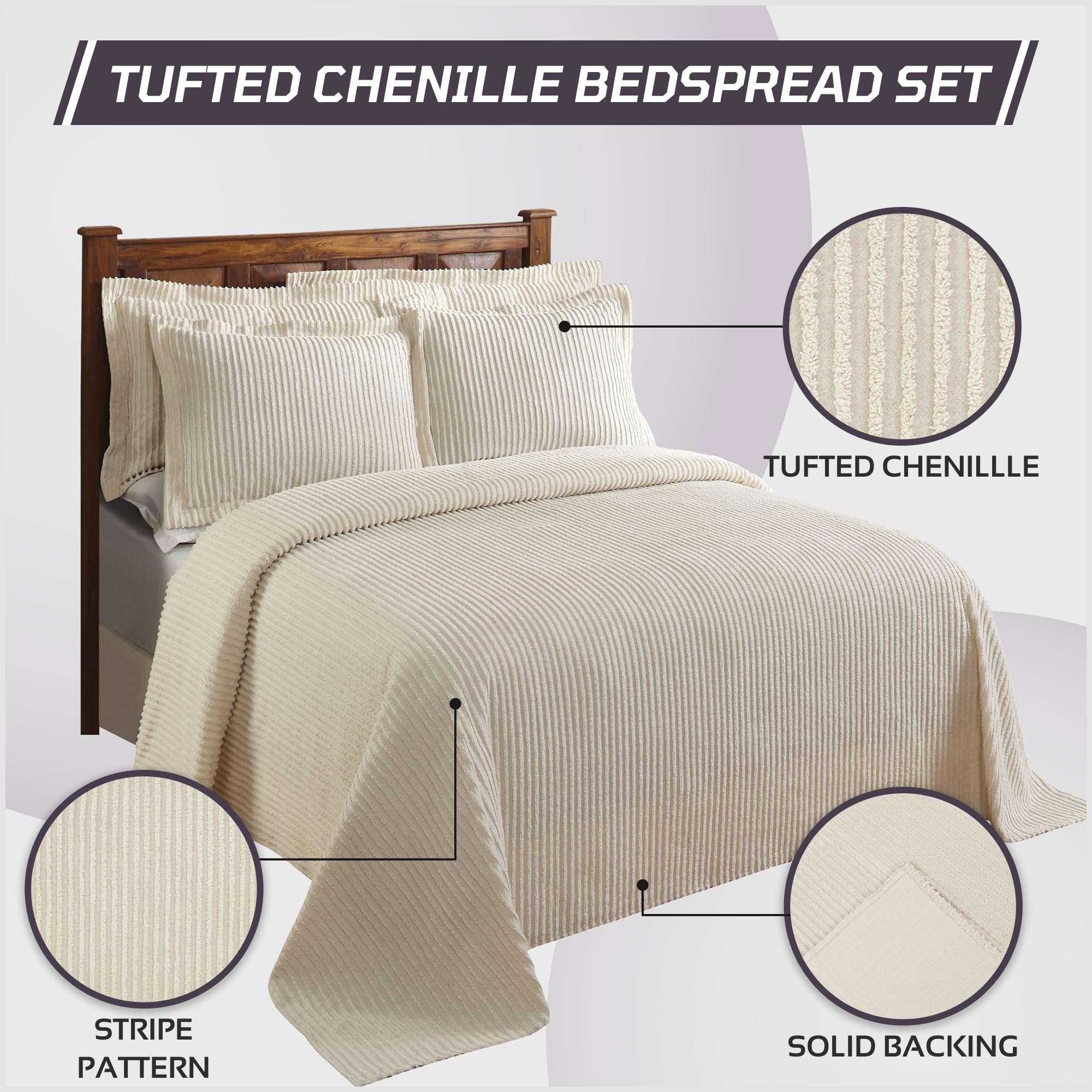Better Trends Ivory King Bedspread Set - 100% Cotton Tufted Classic Stripe Coverlet | Soft & Cozy All-Season Bedding Set | Machine Washable 3-Piece Set - Jullian Collection | Perfect for Master Bedroom, Guest Room & Luxury Hotel Decor