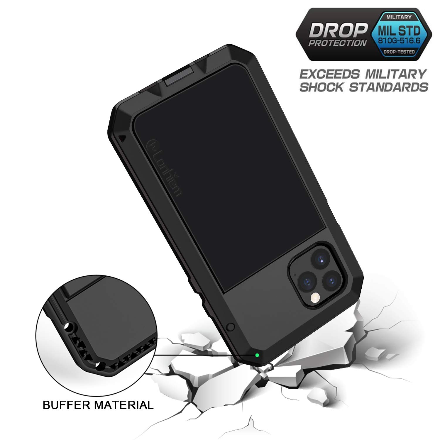 Lanhiem Heavy Duty Shockproof iPhone 11 Pro Max Case - Tough Armor Metal Cover with Built-in Screen Protector | 360° Full Body Protection, Dust Proof Design (Black) | Perfect for Outdoor Activities, Travel & Extreme Sports