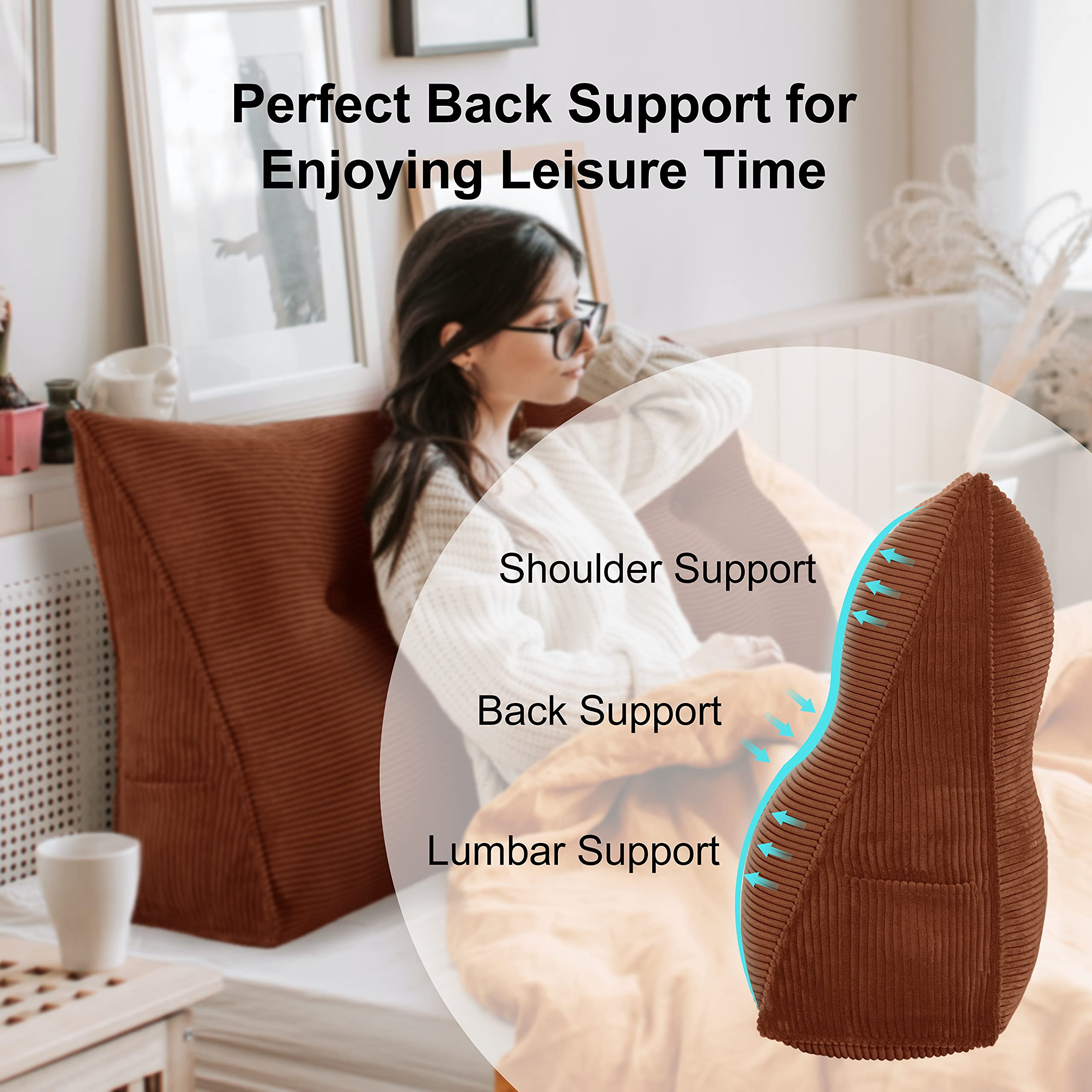 WOWMAX Large Triangular Sofa Cushion - Back Support Pillow with Removable Cover (70x8x20in) for Reading & Relaxing