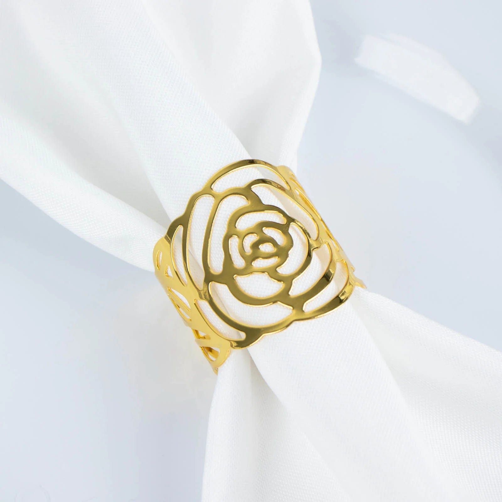 4 Pack Laser Cut Rose Flower Design Decorative Metal Napkin Rings - Gold for Wedding, Party, and Holiday Table Decor